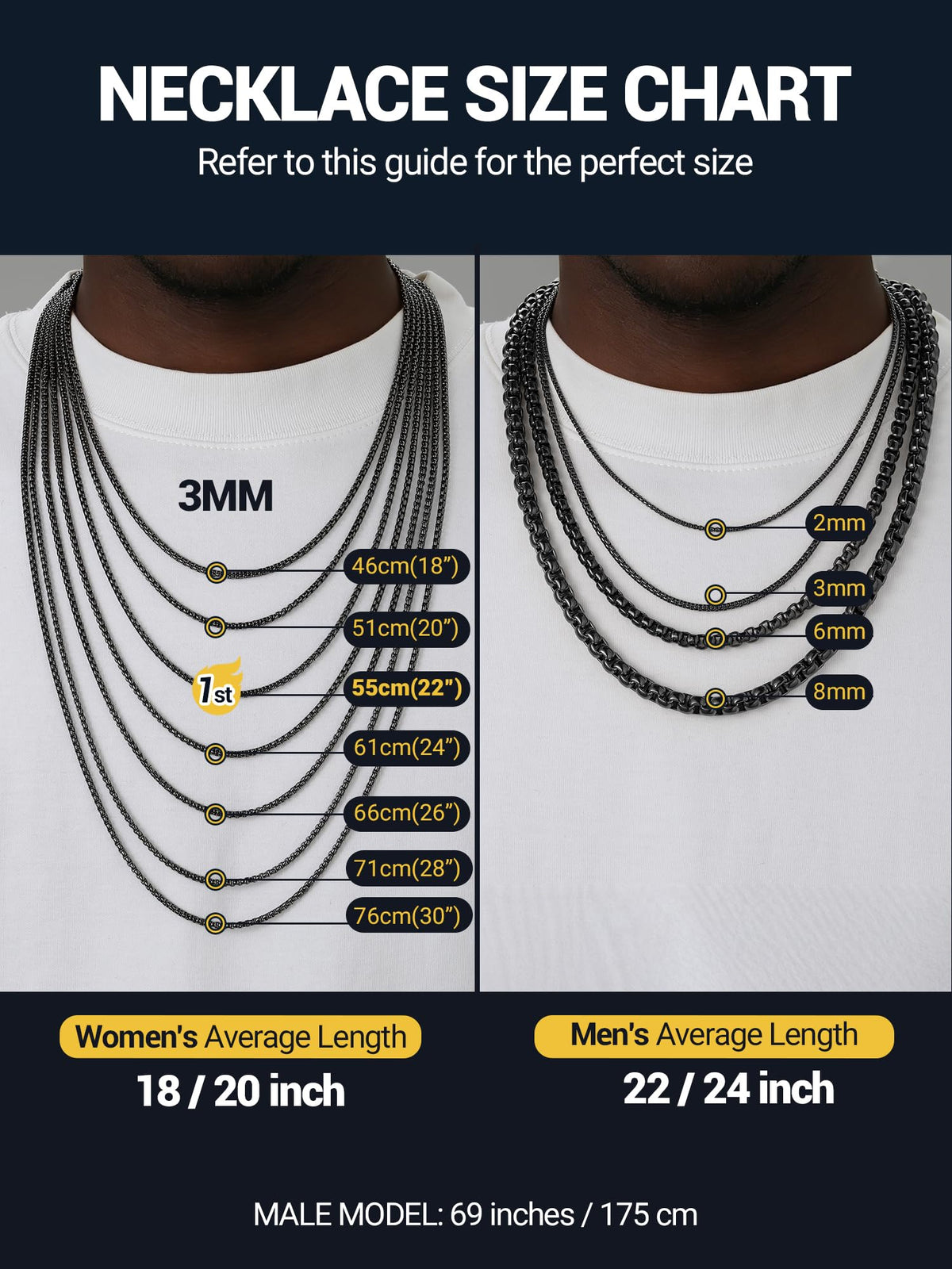 PROSTEEL Mens Chain Necklace, Squre Rolo Link Chains Black Stainless Steel Necklace 2mm Waterproof & Durable Men and Women Jewelry with Gift Box 18in