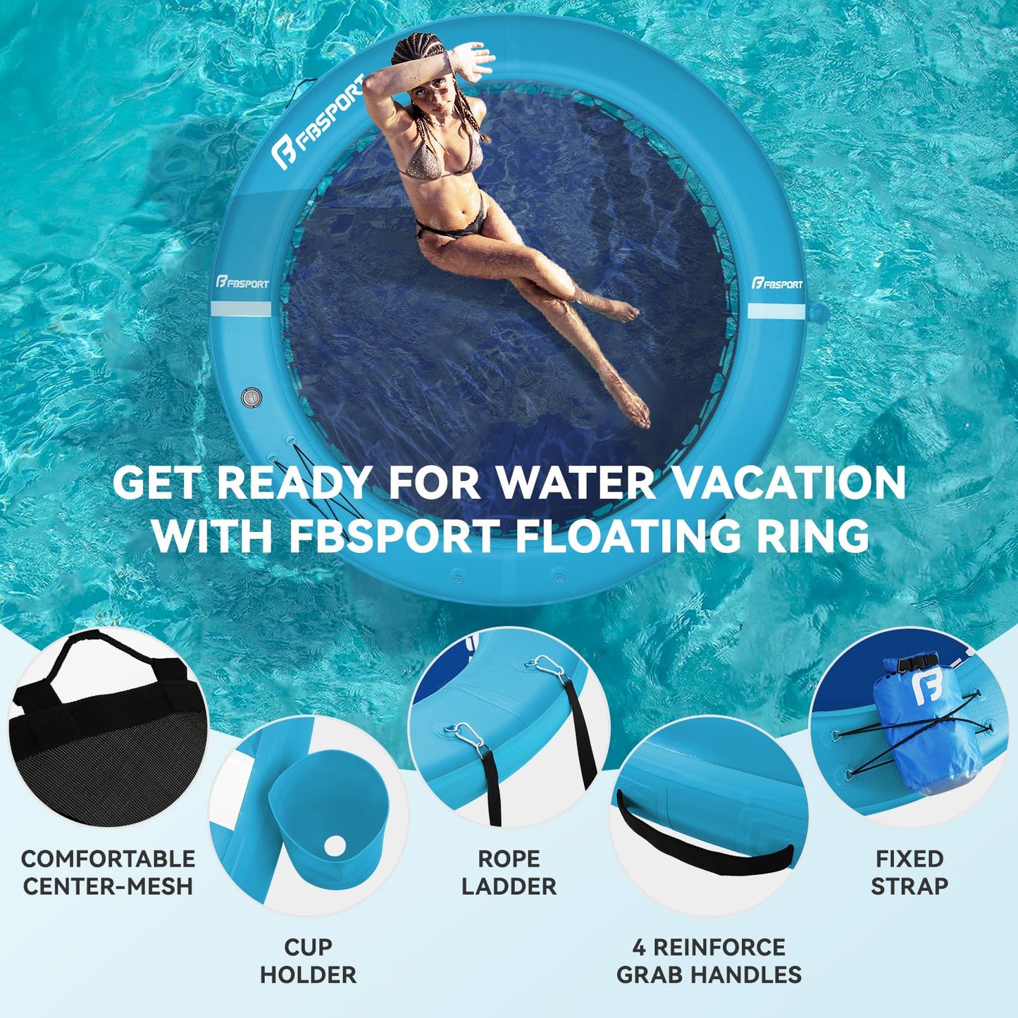 FBSPORT Inflatable Water Hammock Round Floating Ring, 8ft Inflatable Dock Floating Platform for Lake W/Cupholder, Sun Float Chill Raft Float Ring Tanning Pool Lounger Island Platform Pad, Blue