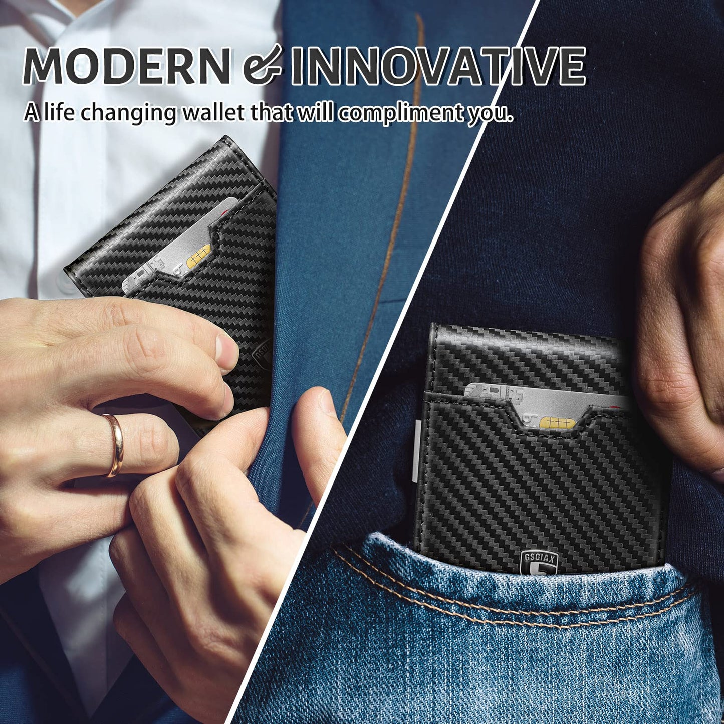 GSOIAX Men's Slim RFID Blocking Leather Wallet with Money Clip Minimalist Carbon Fiber Bifold Credit Card Holder 11 Card Slots Stocking Stuffers Included Gift Box (Carbon Blue)