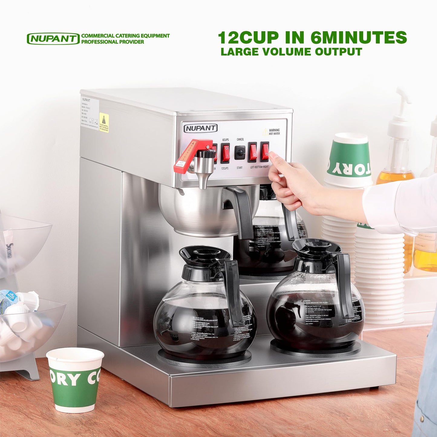 NUPANT 12 Cup Commercial Coffee Maker, Auto Filling Drip Coffee Maker Machine with 3 Glass Carafes 3 Warmers, Stainless Steel Pour Over Coffee Brewer with Hot Water Supply for Restaurant Office Cafe
