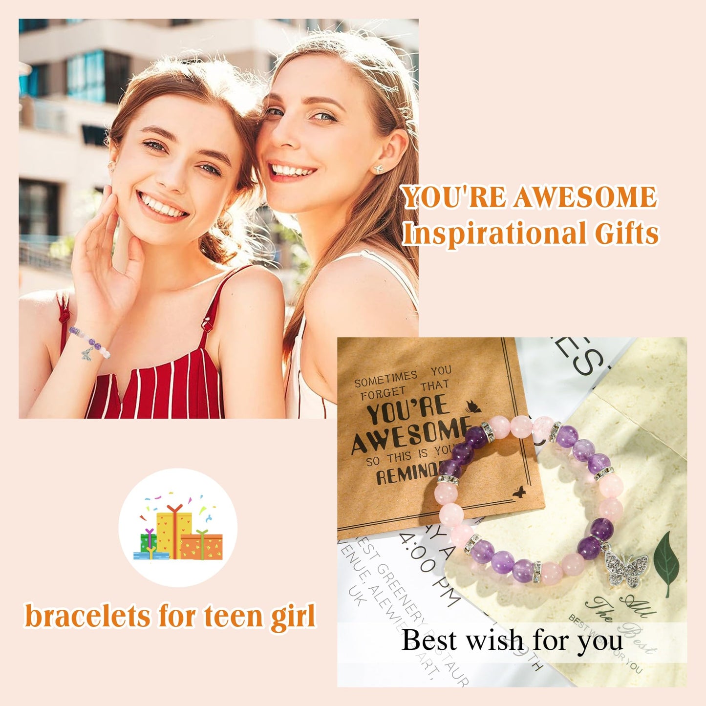 Inspirational Gifts for Women Natural Stone Heart Butterfly Bracelet for women Unique Small Gifts for Birthday Mothers day Thanksgiving Christmas Valentine's Day Teacher Appreciation Gifts (Amethyst)