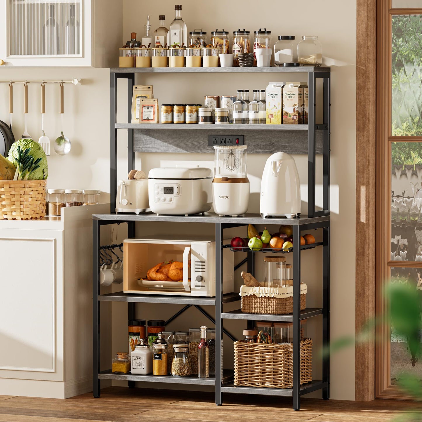 SUPERJARE Bakers Rack with Power Outlet, 35.4 Inches Coffee Bar with Wire Basket, Kitchen Microwave Stand with 6 S-Shaped Hooks, Open Storage Shelves, Charcoal Gray