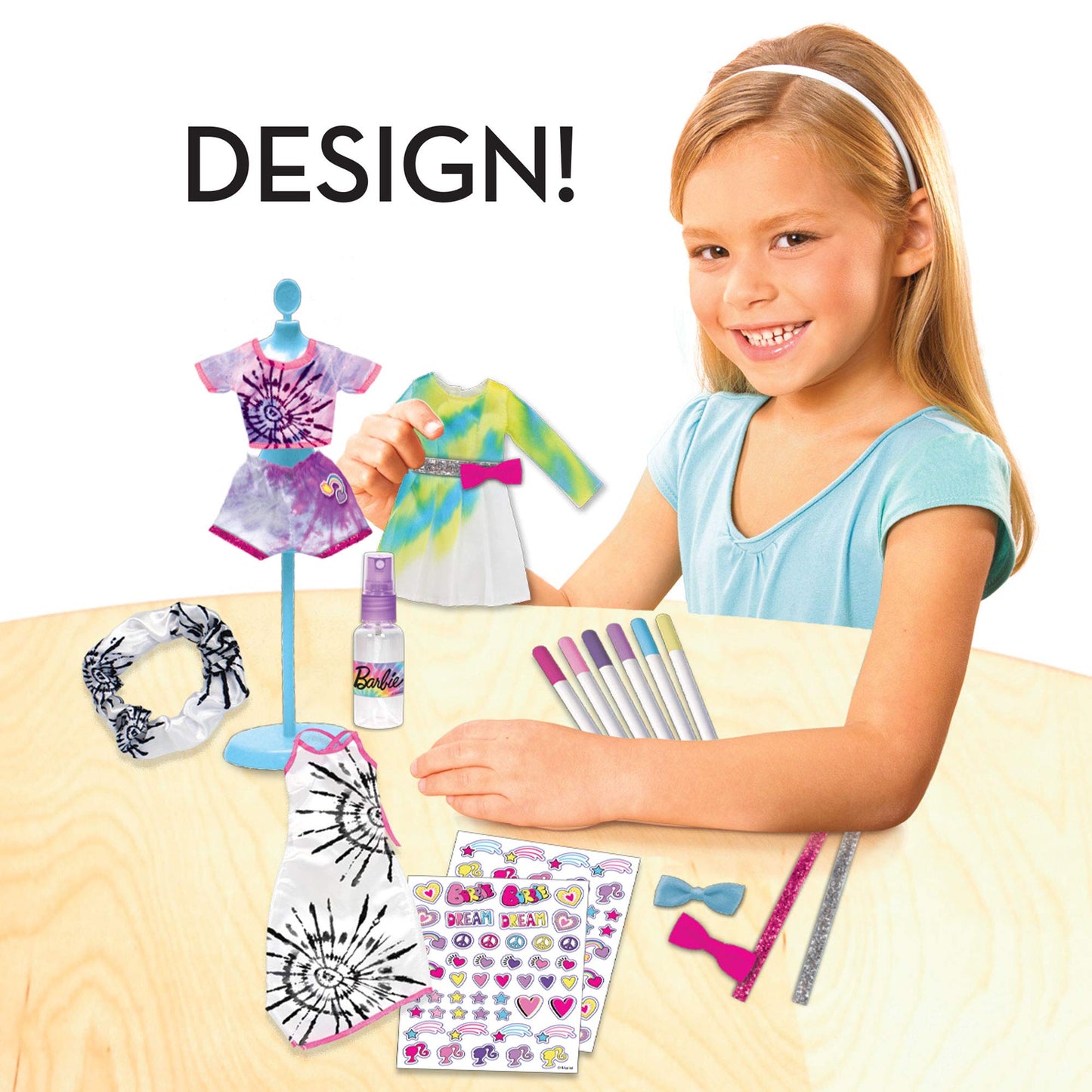 Tara Toys Barbie Tie-Dye Fashion Designer Kit – DIY Design Set for Girls with Dresses, Markers, Stickers & Tools – Create Real Barbie Outfits, Craft Activity for Kids Ages 6+
