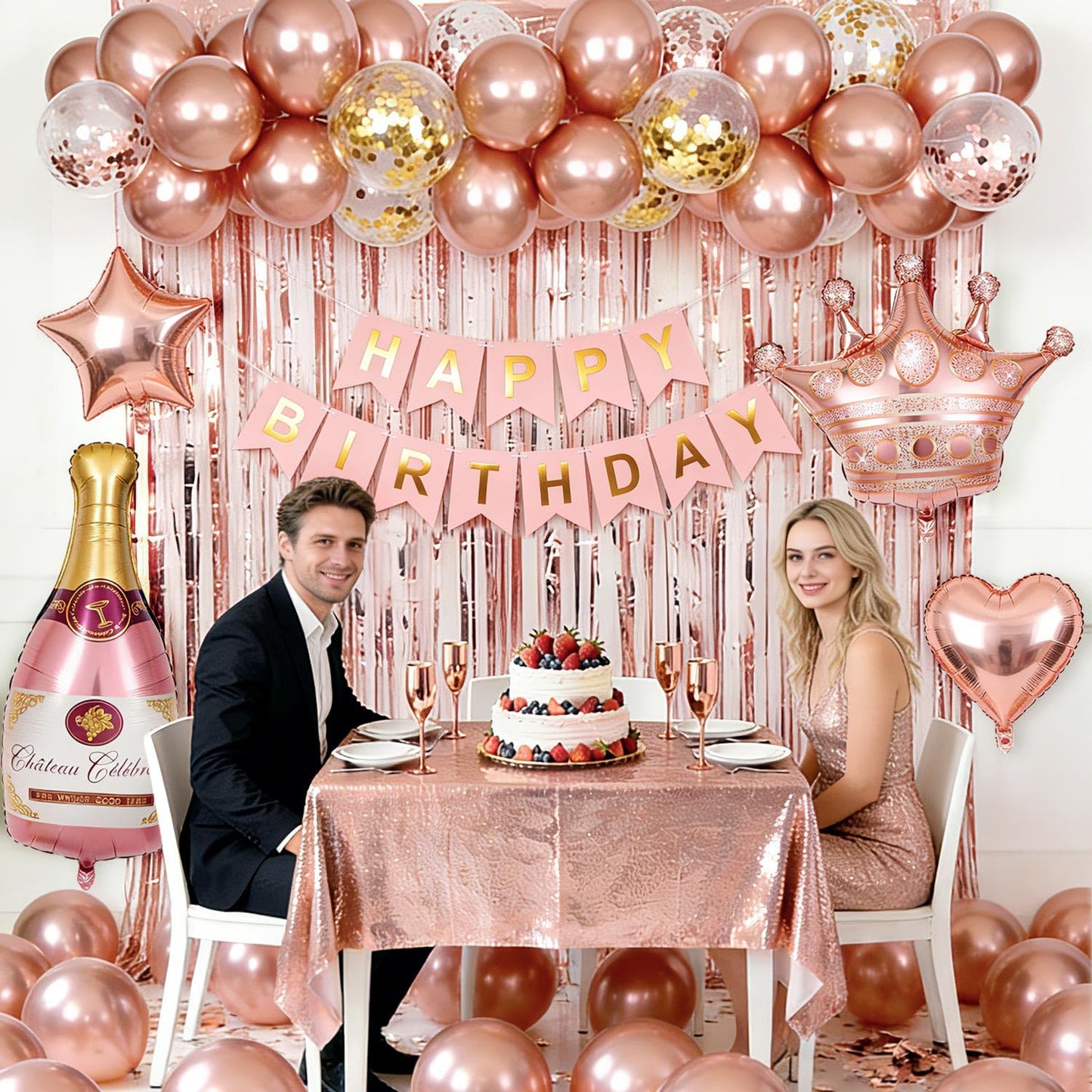 Birthday Decorations for Women with Happy Birthday Banner, Curtains, Bottle, Crown, Heart Star Balloons, Rose Gold Balloons for Girls Women Birthday Party Decorations