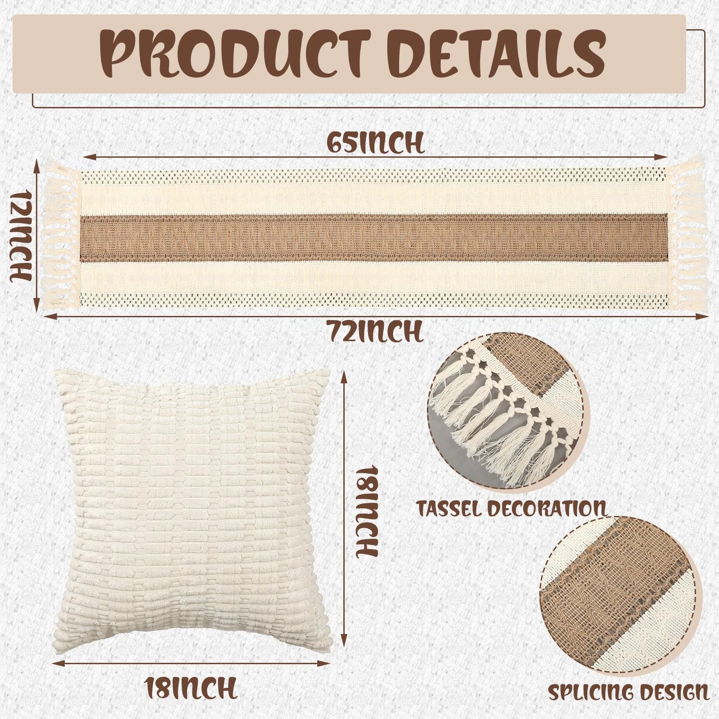 Beeveer Extra Large Outdoor Boho Picnic Blanket 181'' x 71'' Beige White Table Runner 6 Throw Pillow Cover Woven Cotton Yarn Oversize Beach Blanket Washable for Picnic Camp Wedding