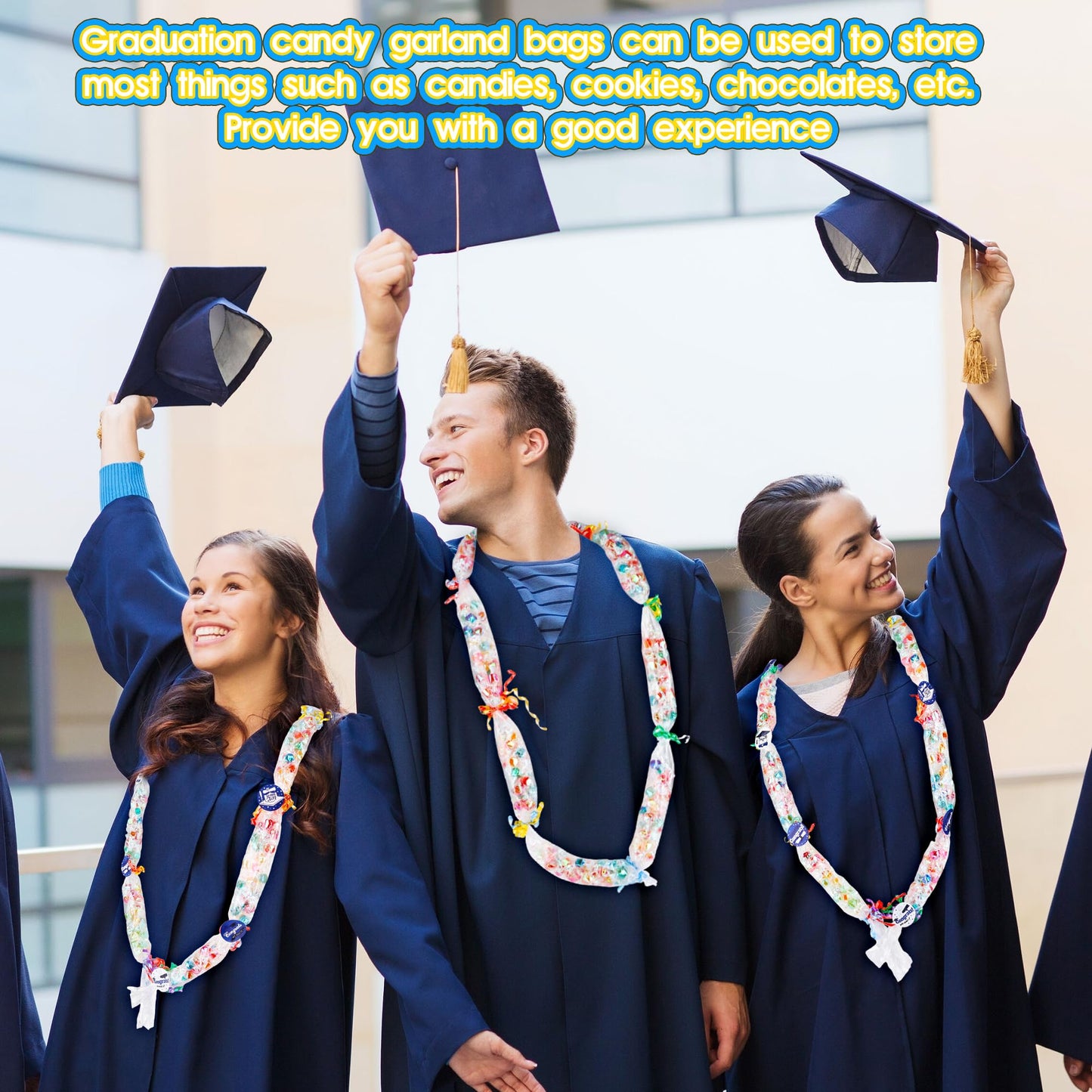 Mikasee 110 Pcs Graduation Candy Lei Making Kit 50 Graduation Candy Lei Tubing Lei Bags with 50 Sheet Stickers 10 Rolls Ribbon for School Graduation Wreaths