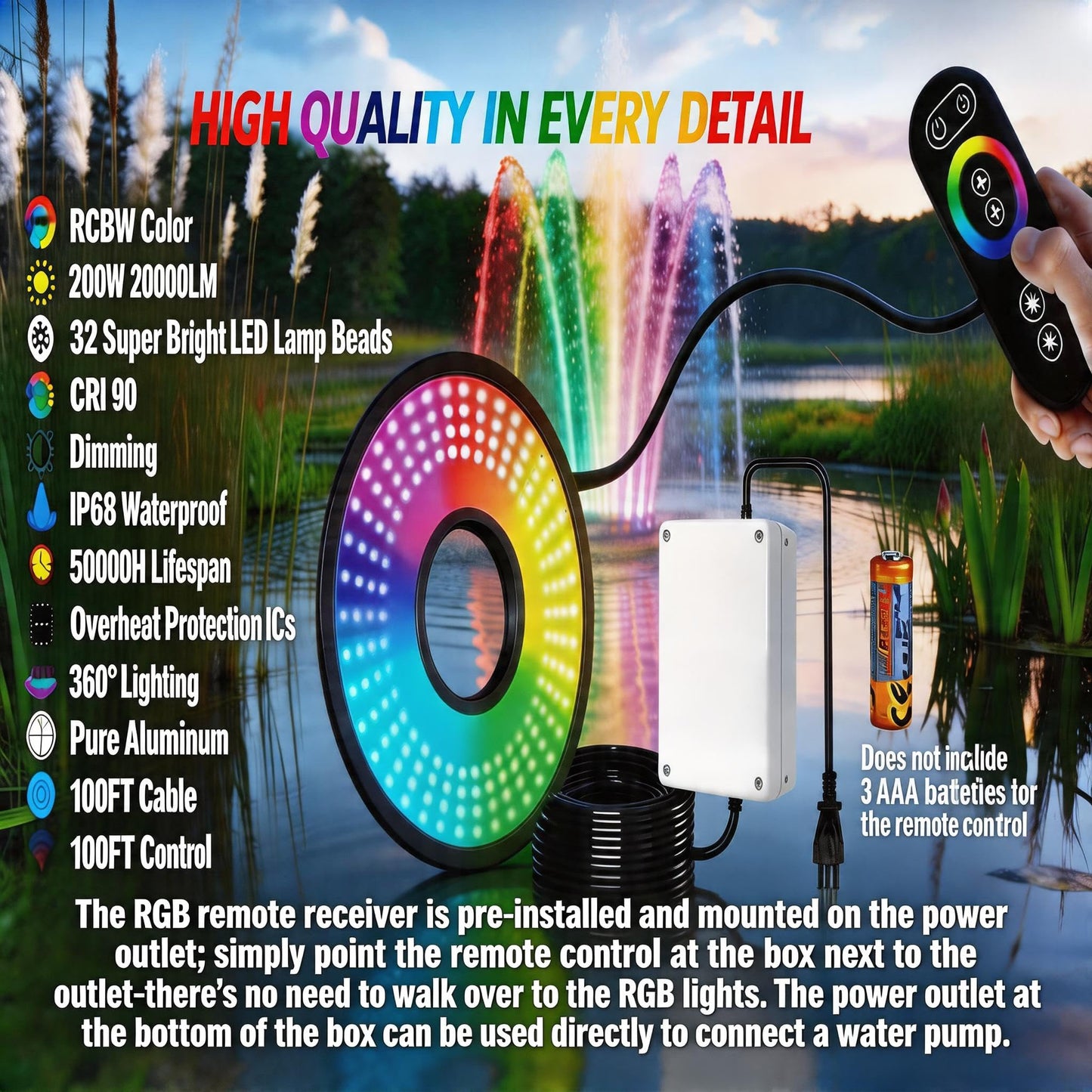 Pond Fountain Aerator Lights RGBW 20000LM LED Fountain Light with 100FT Power Cord AC 120V, 100ft Cable with Controller IP68 Waterproof,Wireless Sync Control with Most Pond Aerators