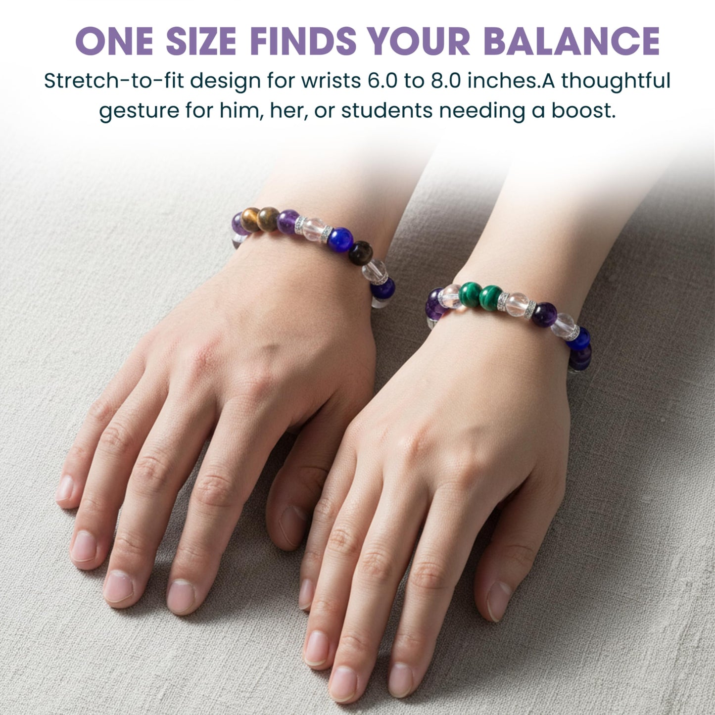 Healing Crystal Bracelet for Women, 8mm Polished Bead Stretch Bracelets with Sterling Silver Spacers, Handcrafted Wristwear Healing Chakra Bracelet Gifts for Daily Grounding, 7 Affirmation Cards Included