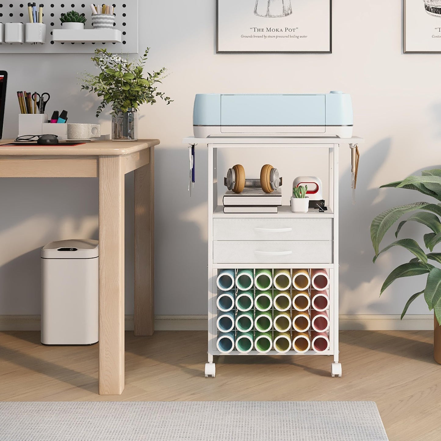VENNQD Organizer and Storage Stand Compatible with Cricut Machines,Rolling Storage Cart/Shelf with 24 Vinyl Roll Holders,2 Fabric Drawer,Accessories Holder,Tool Hook for Craft Room Home (white)
