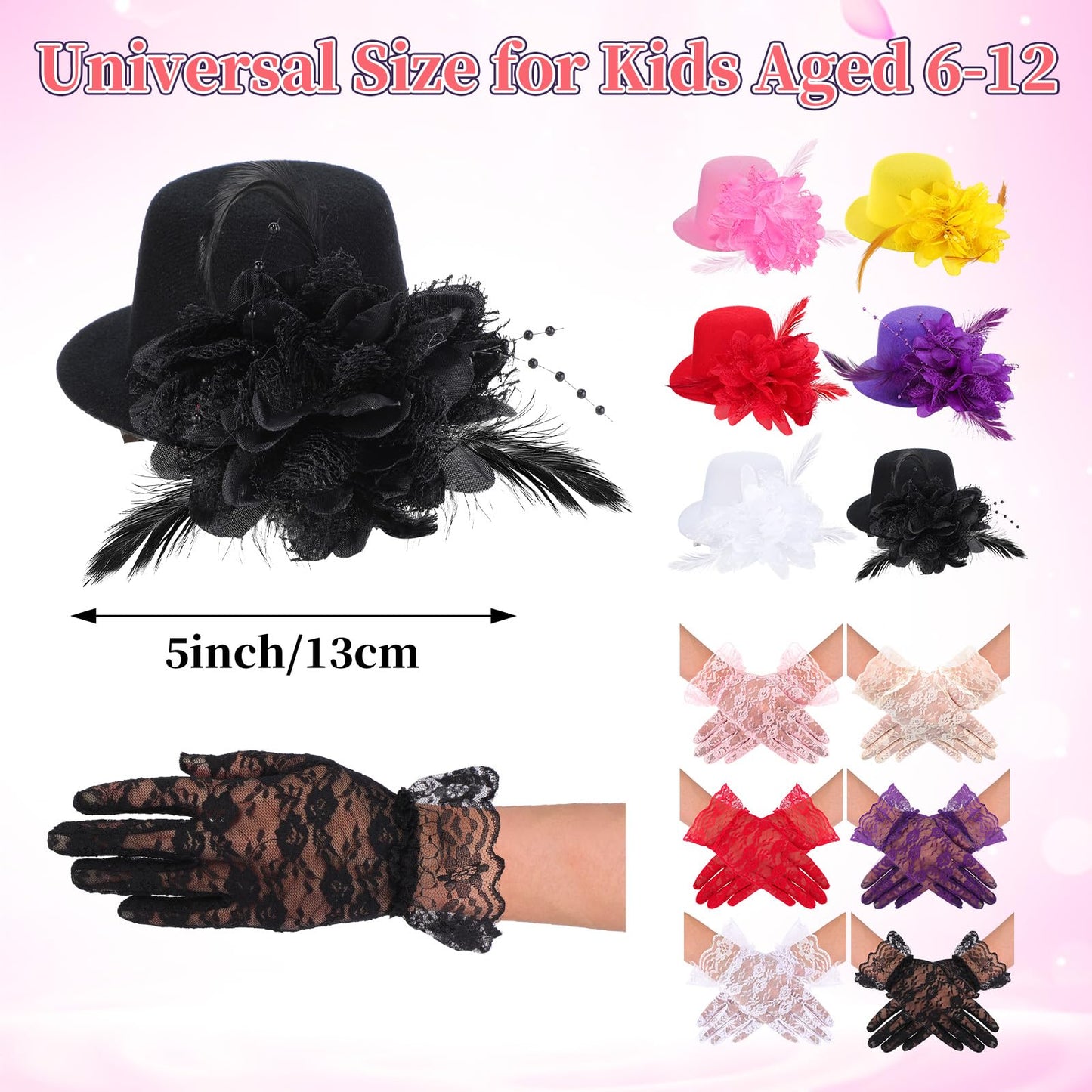 JaGely 12 Pcs Tea Party Fascinator Set Flower Mesh Ribbons Feathers Tea Party Hats for Girls with Lace Gloves for Girls Kids