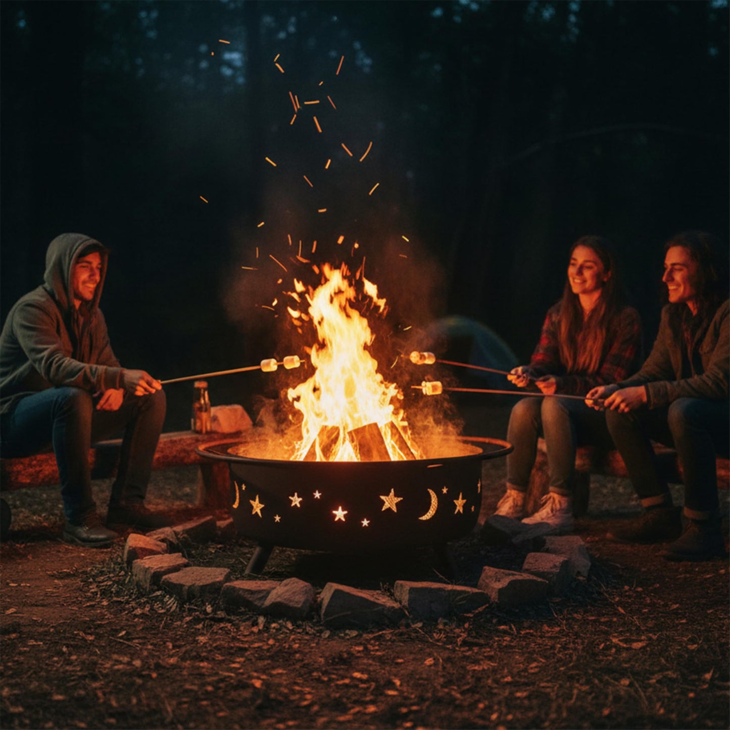 Sunnydaze Cosmic 42-Inch Large Outdoor Fire Pit - Wood-Burning Fire Pit with Round Spark Screen, Poker, and Built-in Grate