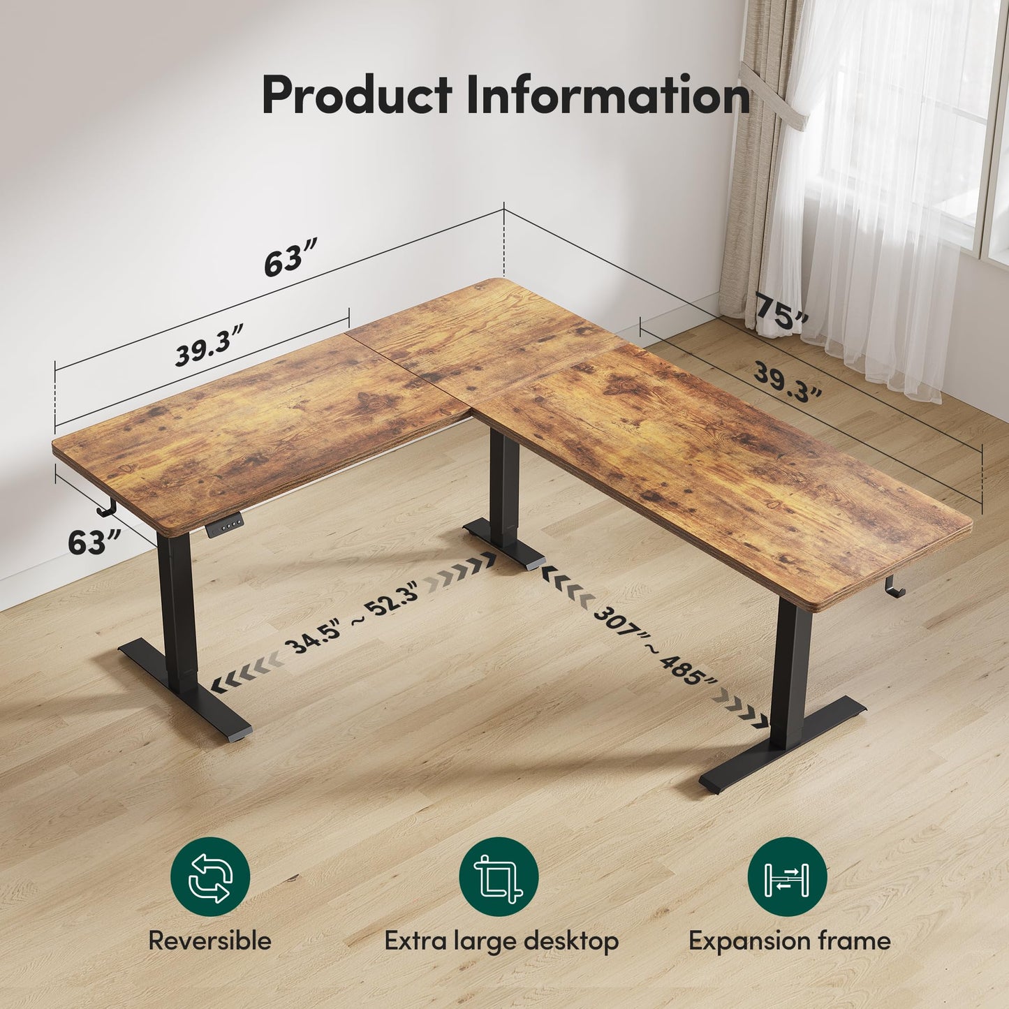 FEZIBO 63" L-Shaped Standing Desk - Adjustable Corner Desk L Shape, L-Shaped Adjustable Desk with Splice Board, L Shape Standing Desk, Rustic-Brown