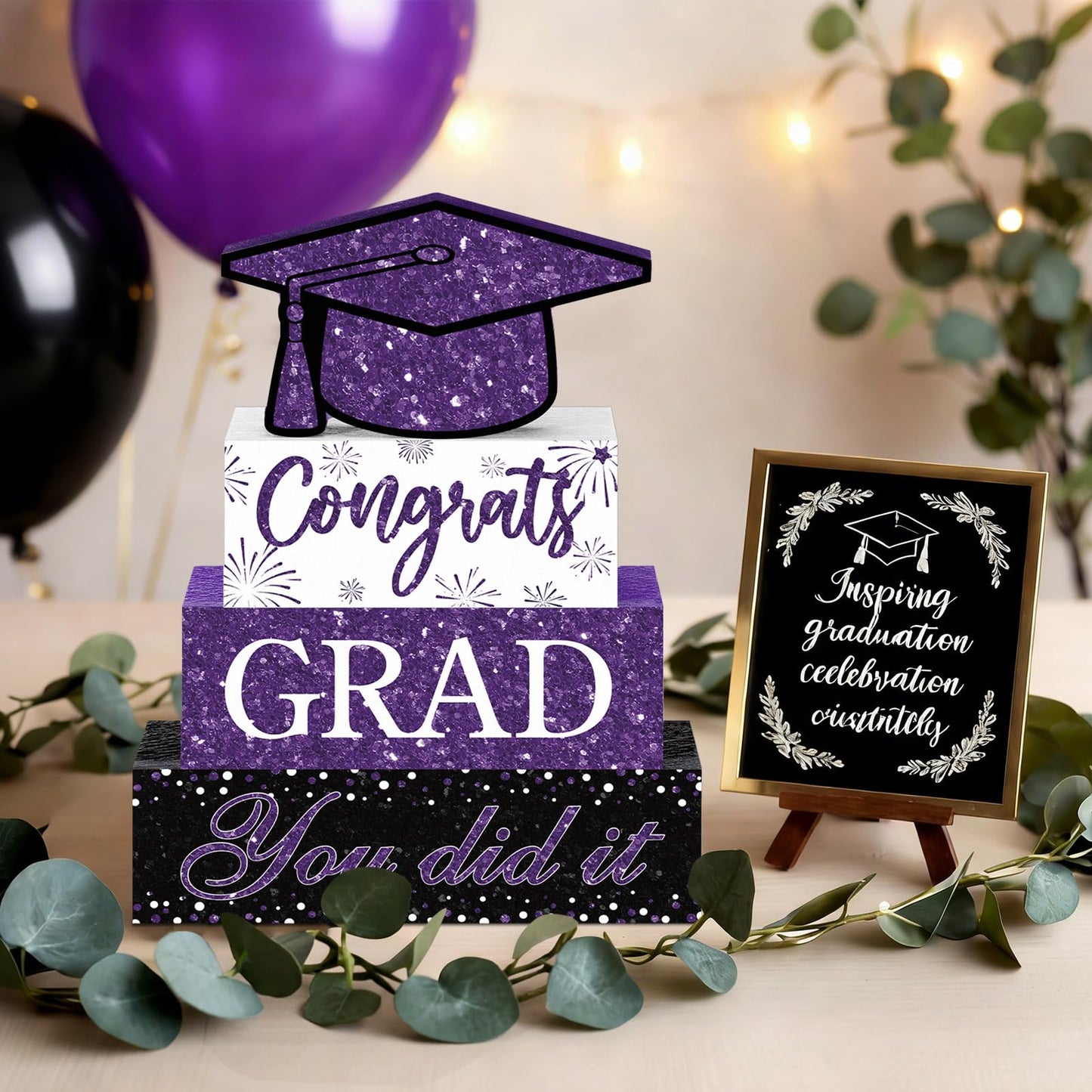 Cinnvoice 4 Pcs Graduation Table Decor 2026 Congrats Grad Centerpiece Class of 2026 Wood Sign Graduation Tiered Tray Decor Farmhouse Congratulate Gifts for Home Shelf Party Decorations(Purple)
