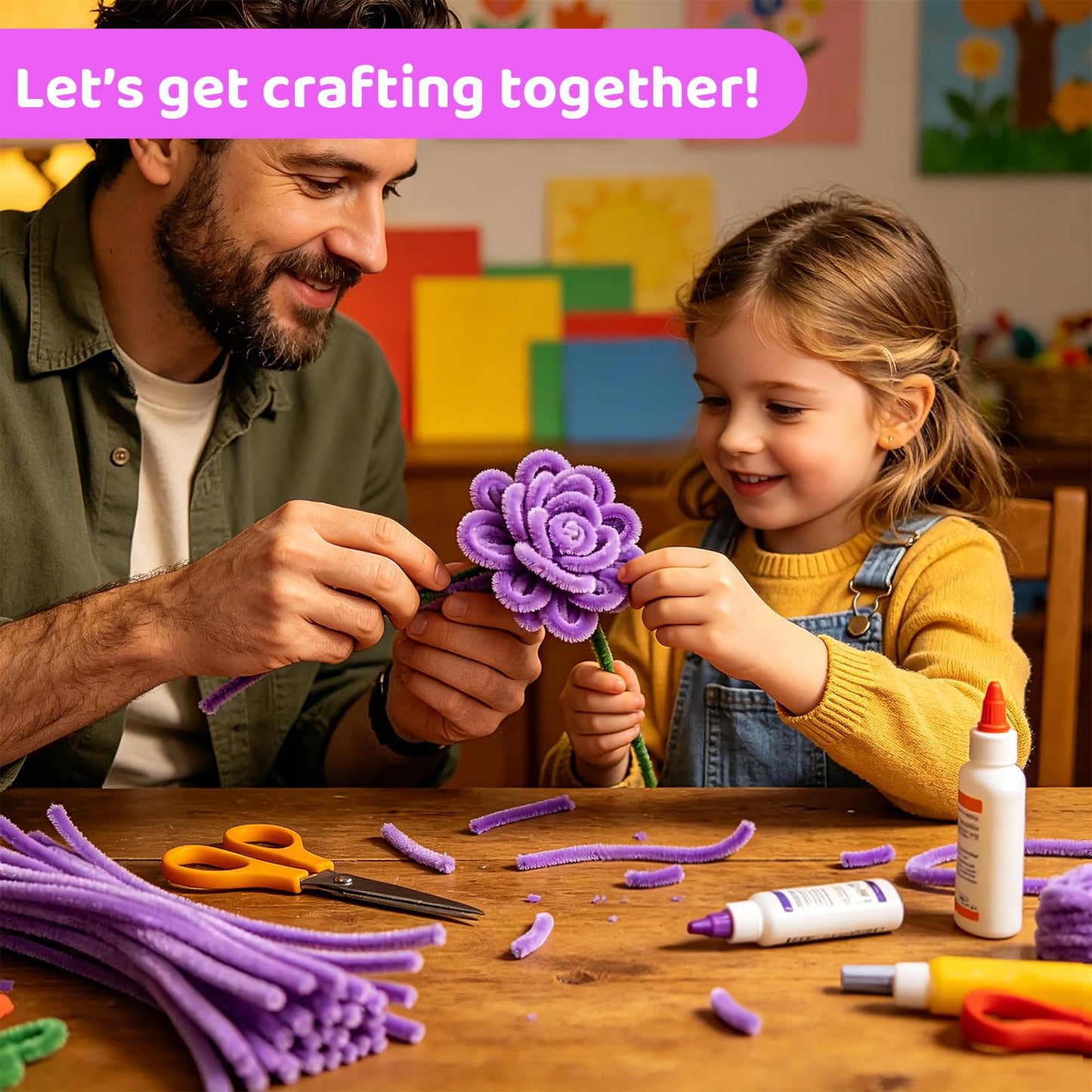 CITYBAN 400PCS Pipe Cleaners Craft,5 Assorted Pipe Cleaner Flower Kit,Kit with Floral Wires, Gardening Tape, Stamen, Floral & Ribbon, Pipe Cleaners Bulk,Ideal for DIY Projects(Purple)