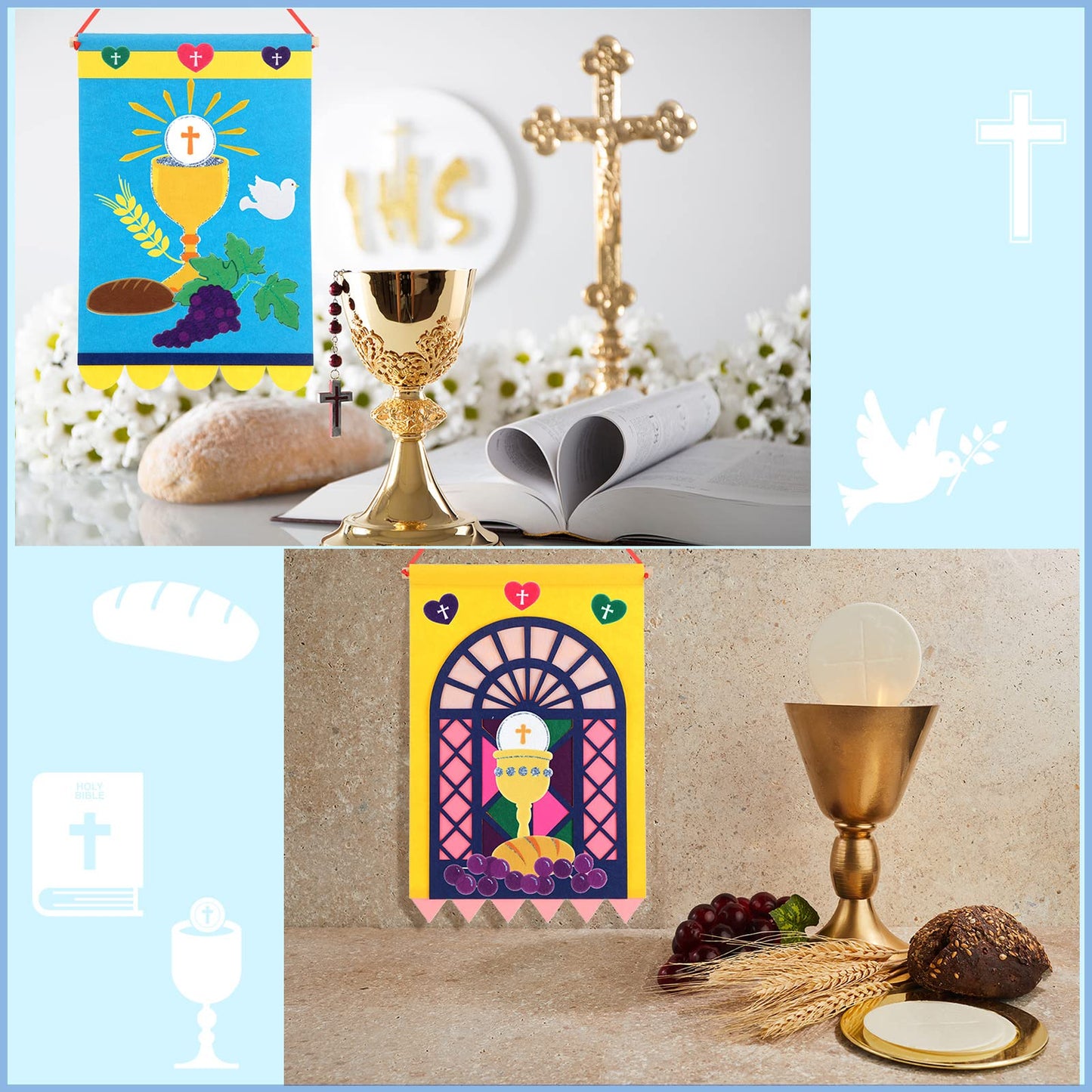 Oudain 2 Sets 12 x 18 Inch First Communion Banner Kit for Boys Girls Catholic Christian Religious Crafts Felt Banner DIY Pew Decoration Holy Communion Gifts for Church Sunday School Crafts Art Decor