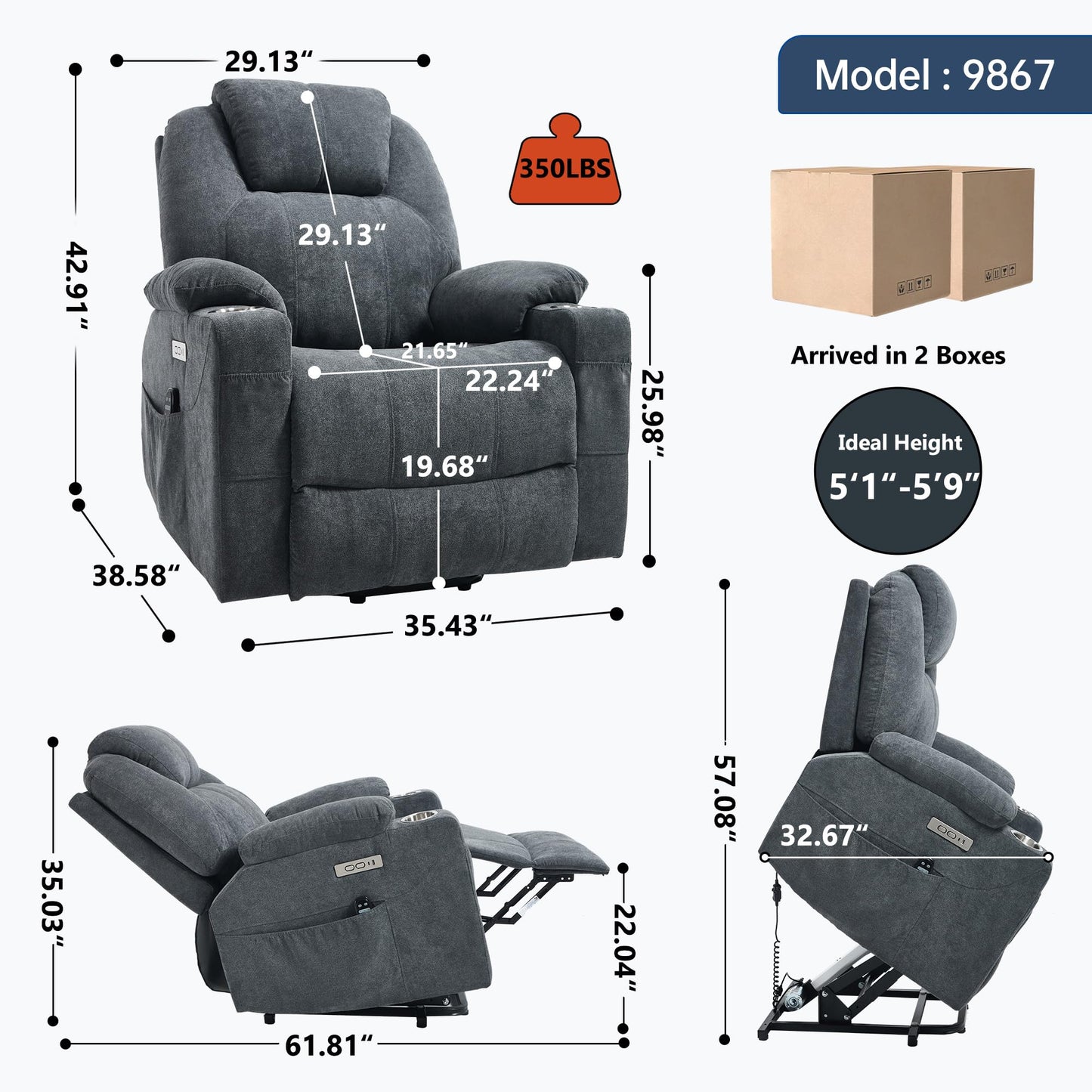 KEIKI Power Lift Recliner Chair with Massage and Heat, 8-Point Vibration, Lumbar Heating, USB/Type-C Ports, Cup Holders, Heavy Duty for Elderly and Adults, Polyester Fabric