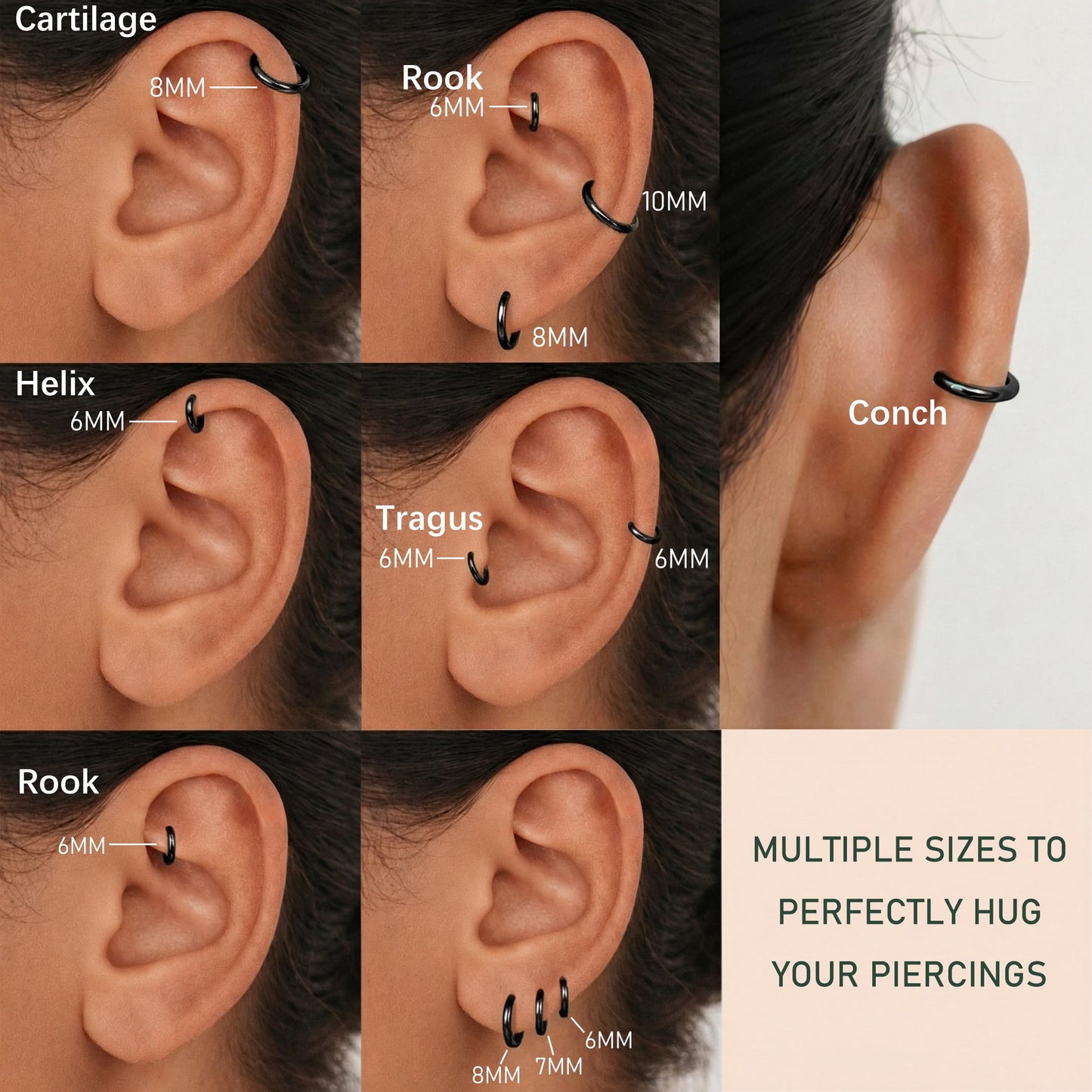 Gokeey Small Gold Huggie Hoop Earrings Set for Women 14K Gold Plated Hypoallergenic Lightweight Earrings for Sensitive Ears Everyday Earrings for Cartilage Piercings (12mm/12mm/12mm/12mm, Black)