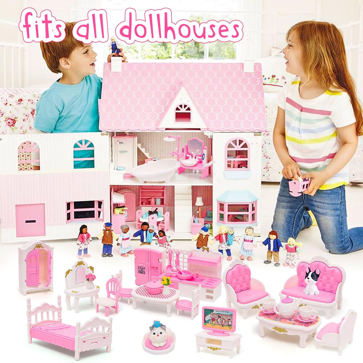 HAPGFS 45 Pcs Dollhouse Furniture Set Accessories Doll House Mini Furniture Pretend Play Bedroom Living Room Bathroom Kitchen for Kids Birthday and Christmas Pink