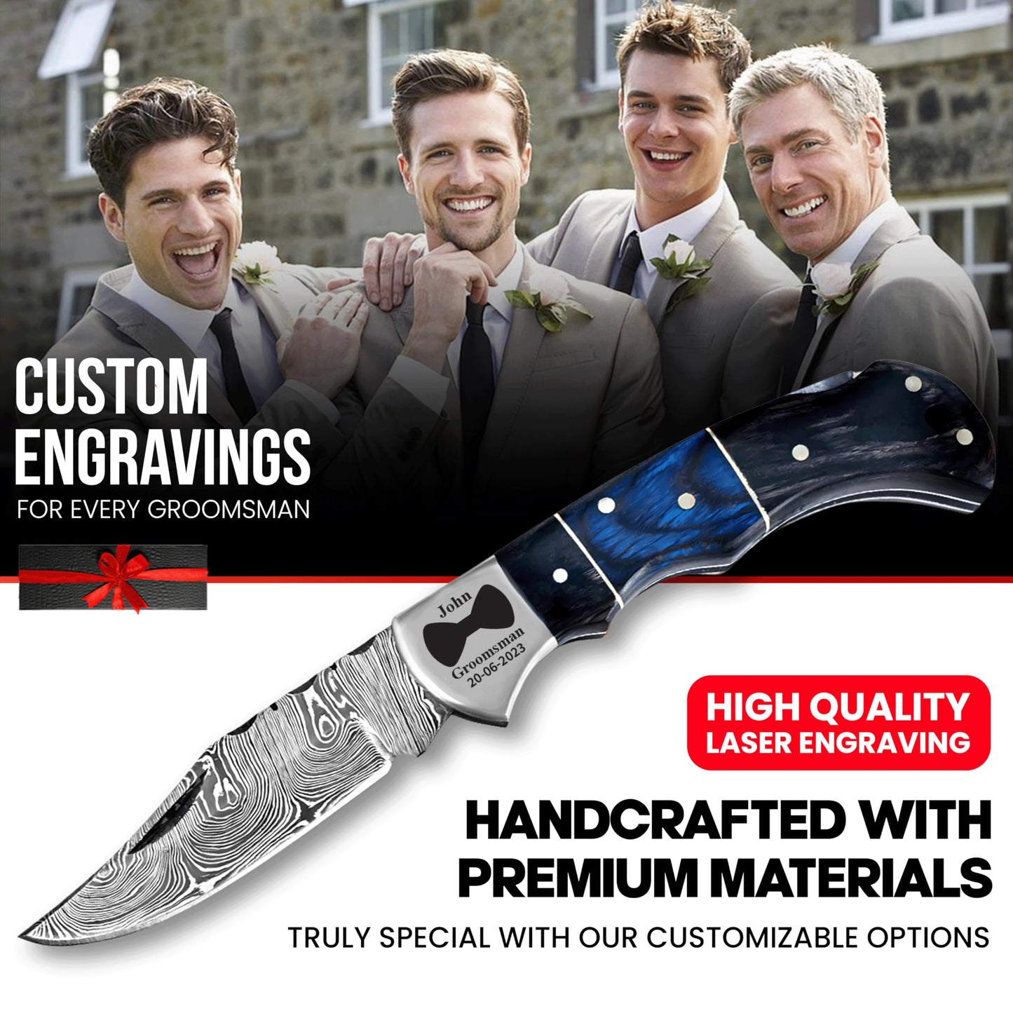 Set of 10 - Personalized Damascus Pocket Knife for Groomsmen -With Leather Sheaths - Custom Engraved Pocket Knives | Groomsman Gifts for Wedding, Groomsmen Proposal Gifts