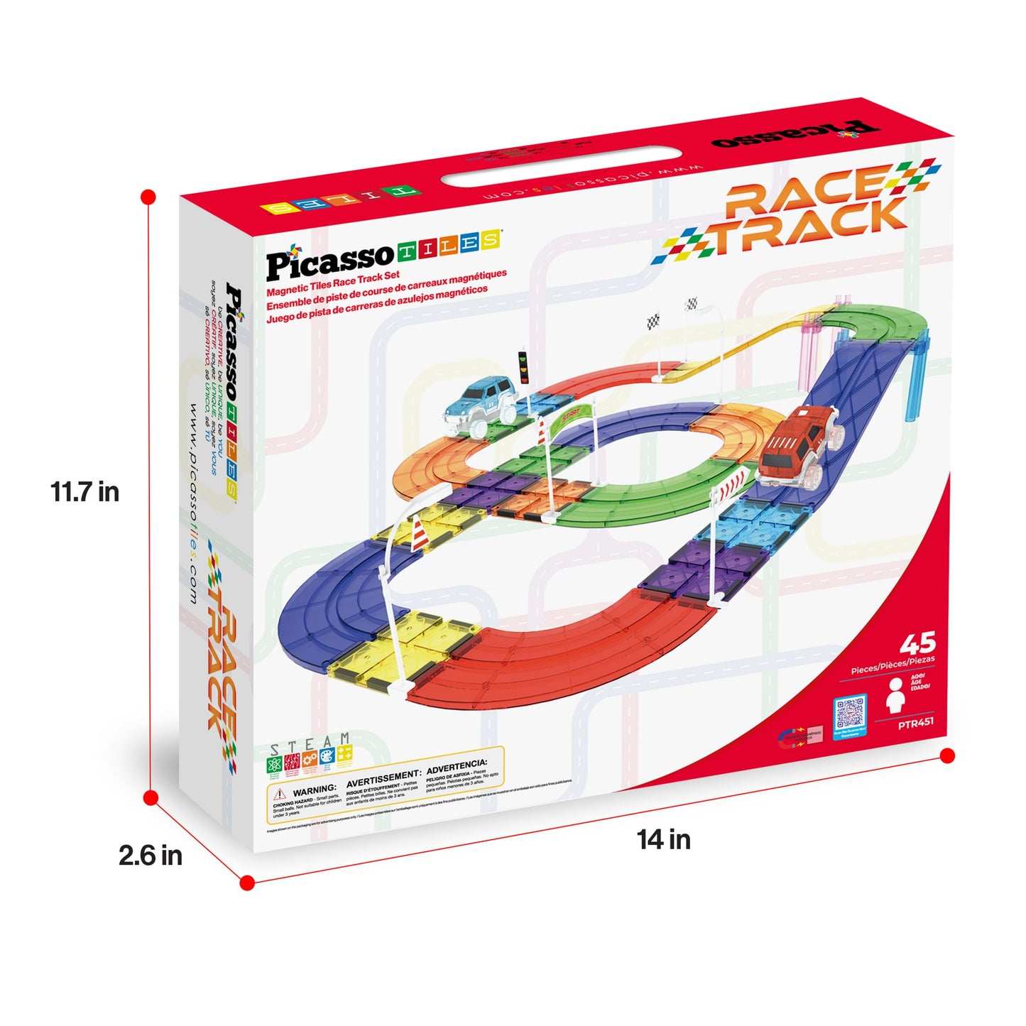 PicassoTiles 45pc Magnetic Tiles Race Track Set With 2 Racing Cars Plus Traffic Accessory Kit STEM Educational Learning Construction Building Magnet Tile Toy For Toddlers Boys Girls Kids Age 3+ PTR451