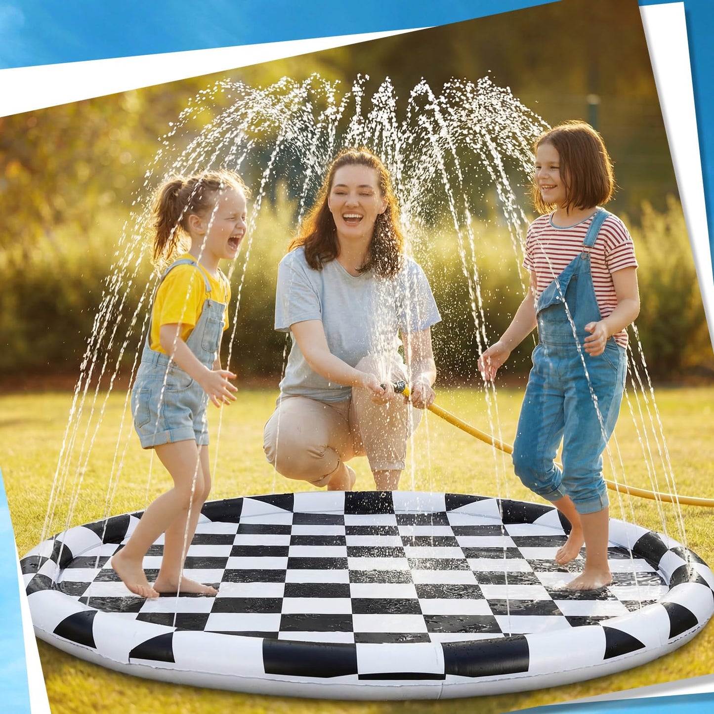 Skylety 60" Black White Checkered Non-Slip Kids Dog Splash Pad Sprinkler Large Splash Pad Sprinkler Fountain Play Mat Summer Outdoor Water Toys for Pet Dog Kids Toddlers Backyard
