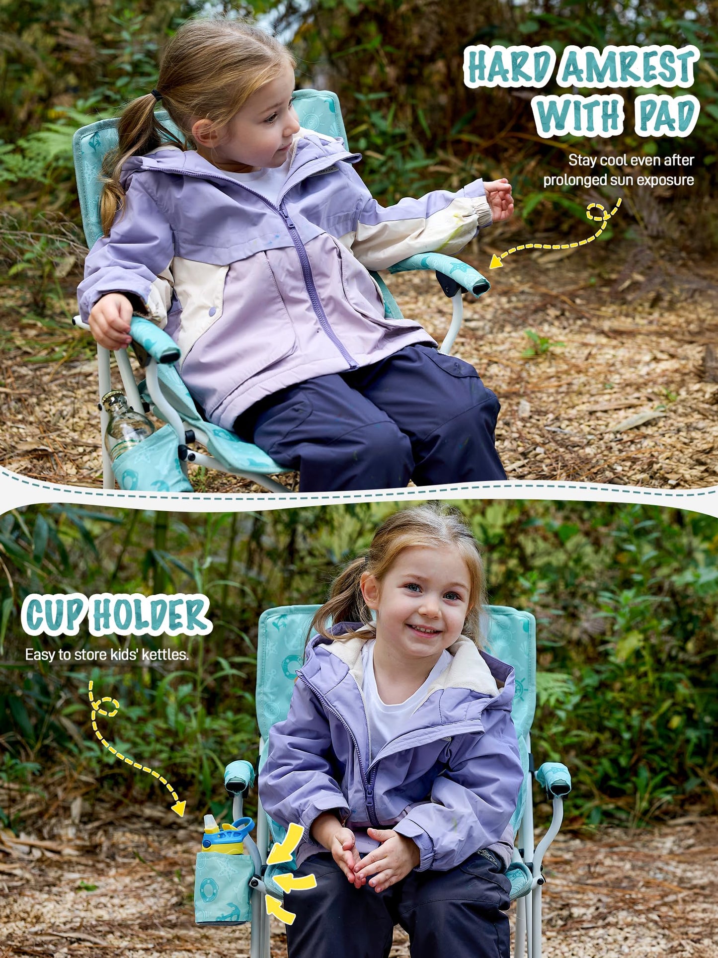 EVER ADVANCED Kids Camping Chairs with Cup Holder, Padded Folding Camping Chair Outdoor with Safety Lock, Carry Bag, Lightweight Portable Camp Chairs for Beach, Balcony, Patio, Supports 150lbs, Green