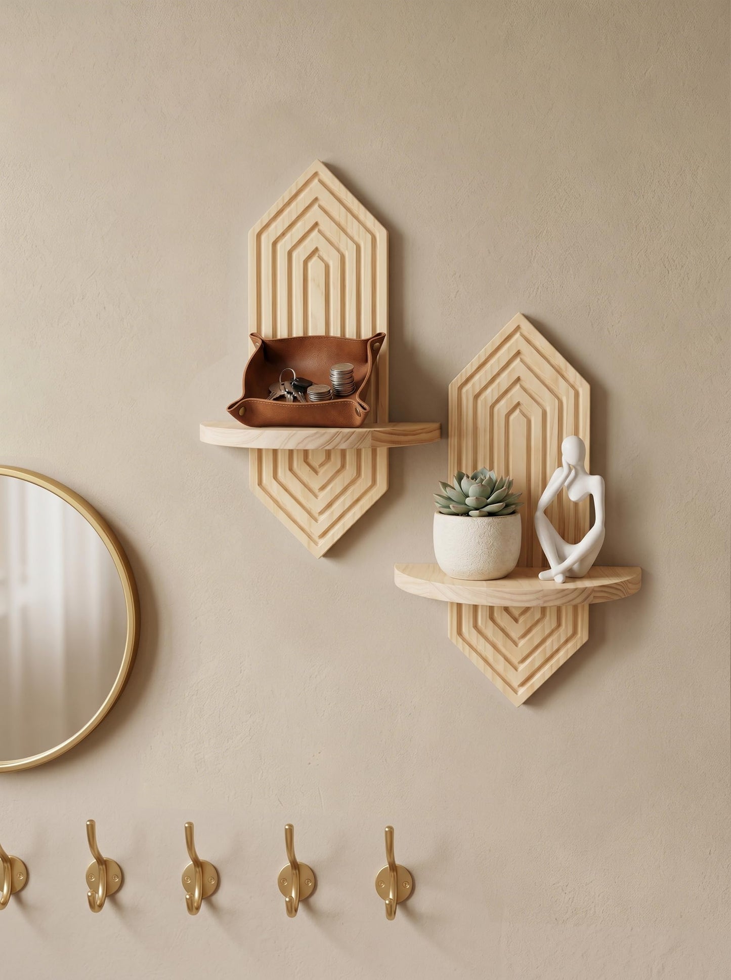 BenChiRealm 2 Pcs Floating Shelves for Wall, Pine Wood Boho Wall Decor, Mid Century Modern Decor Plant Wall Shelf, Vertical Wall Plant Holder,for Living Room,Bedroom,Nursey Room (Natural)