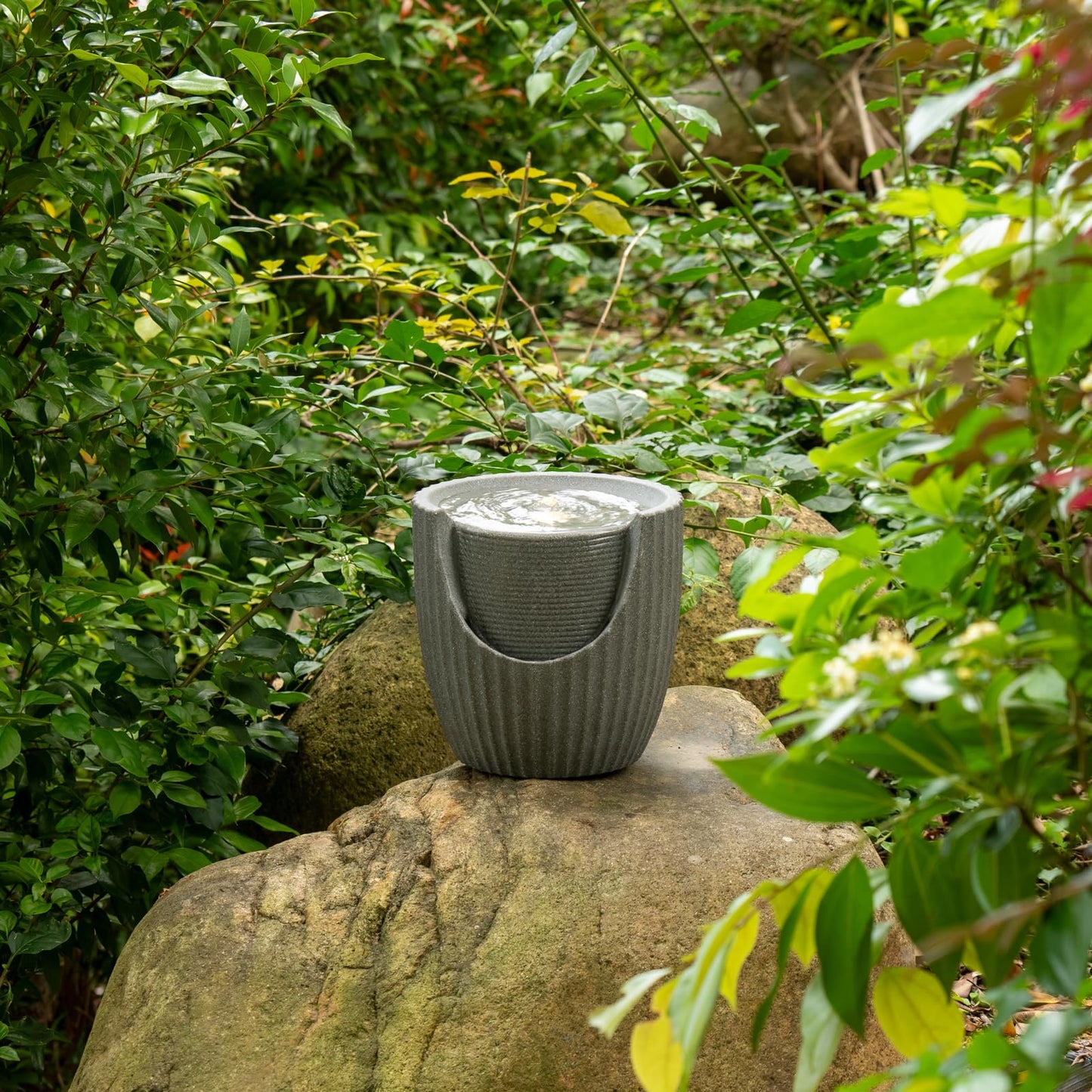 Puulye 9.84” H Small Outdoor Water Fountain Made with Eco-Friendly Recyclable Materials, Polyethylene Bubbler Water Fountain, Outdoor Tabletop Decor with LED Lights for Patio, Porch, Backyard (9.84")