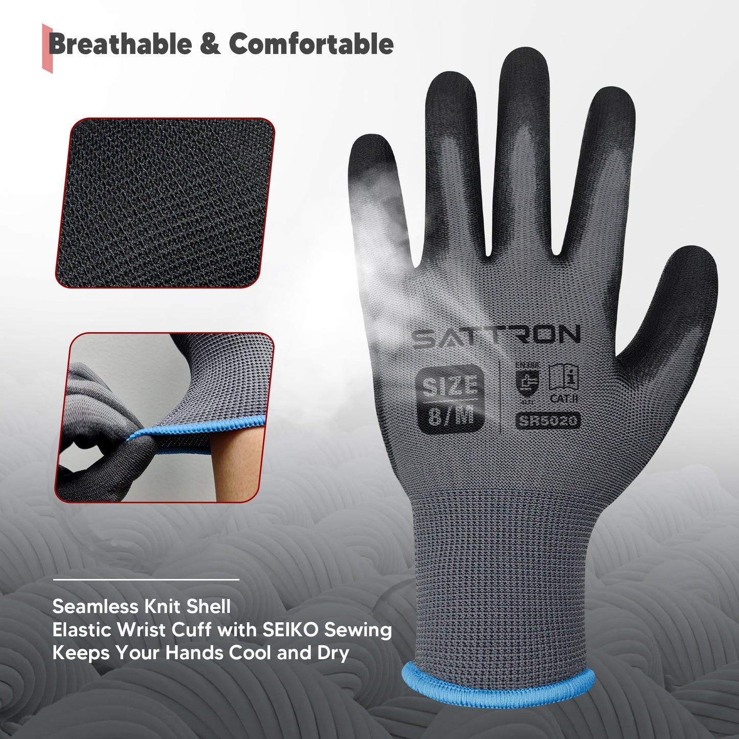 Safety Work Gloves PU Coated, 12 Pairs Seamless Knit Gloves with Polyurethane Coating Working Gloves Excellent Grip for Men & Women, Breathable, Ideal for General Duty Work DIY ((Grey, Medium)