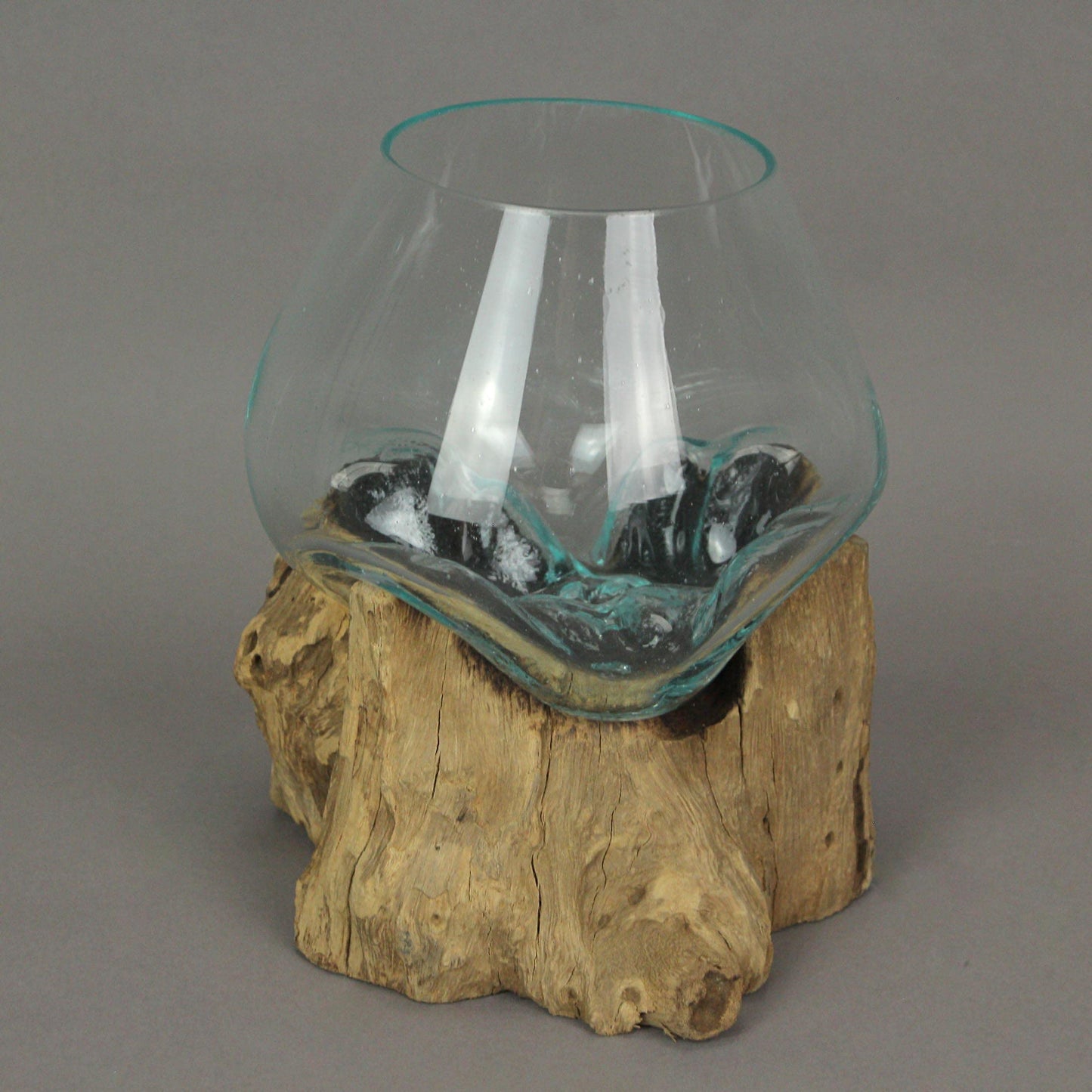 Handcrafted Melted Glass and Teak Driftwood Centerpiece Bowl/Sculpture- Unique 7-Inch Earthy Artistry for Succulents, Terrariums, and Decorative Displays
