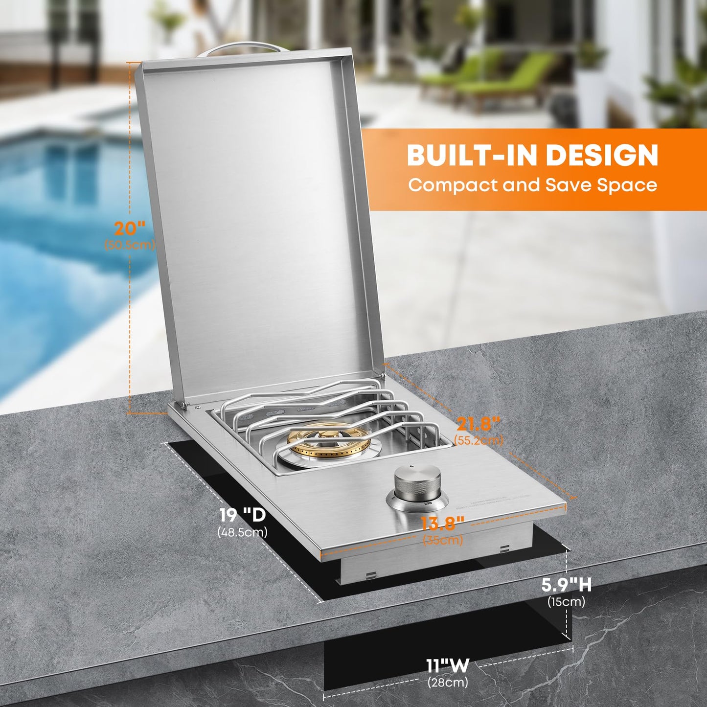 Stanbroil Built-in Single Side Burner for Outdoor Kitchen, 304 Stainless Steel Grilling Side Burners - Liquid Propane Only
