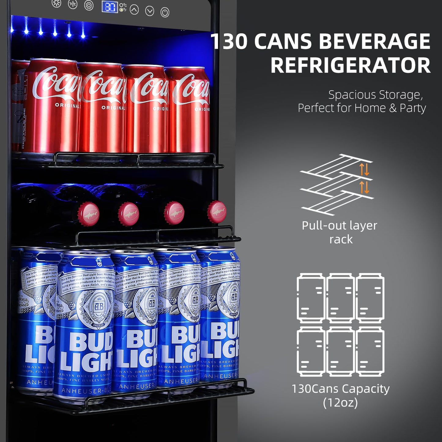 ORYMUSE 15 Inch Beverage Refrigerator, 130 Cans Drink Fridge with Glass Door & Lock, Upgraded Compressor, Low Noise, Built-in or Freestanding Cooler for Soda, Beer, Water, Black