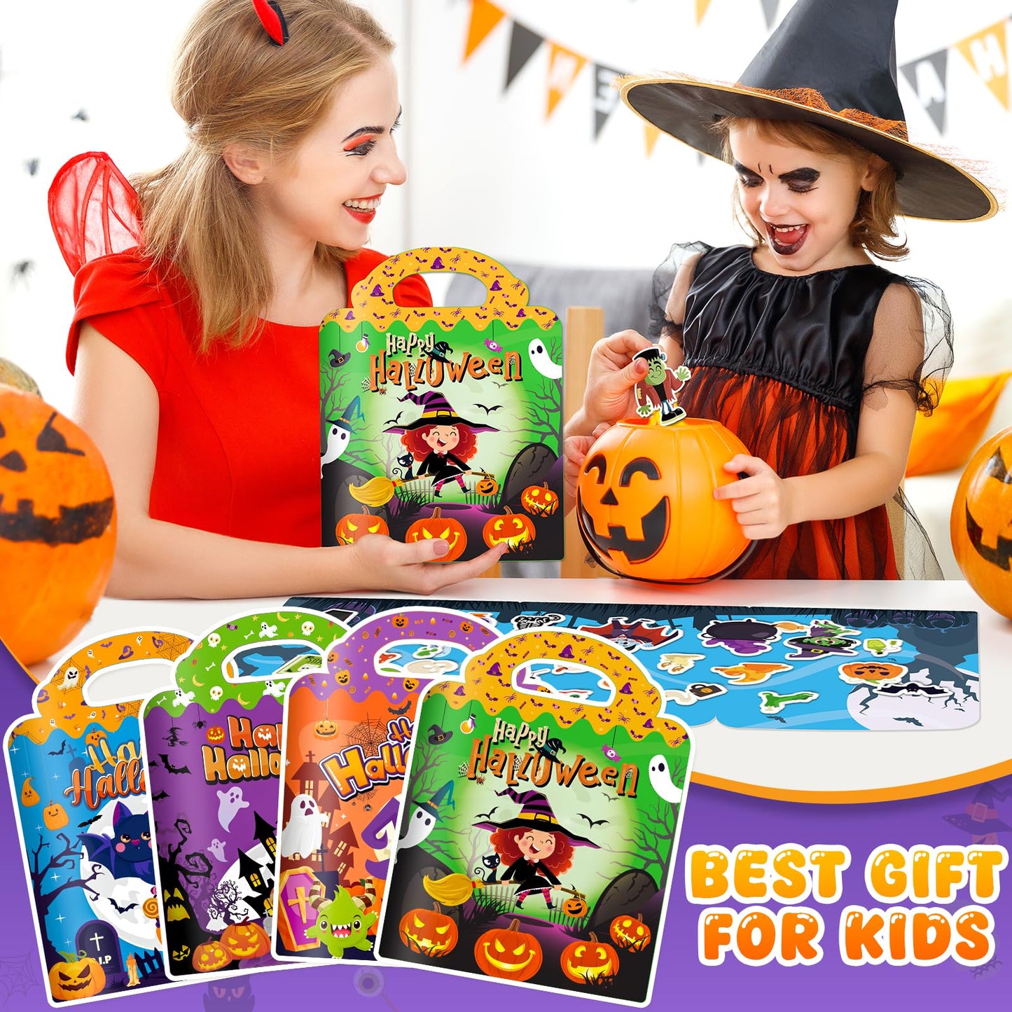 4 Sets Halloween Reusable Sticker Books for Toddlers 1-3, Arts Crafts for Toddler 3-5, Activity Books for Kids 2-4, Toddler Toys Holiday Gifts Travel Toys Boo Basket Stuffers for Girls Boys