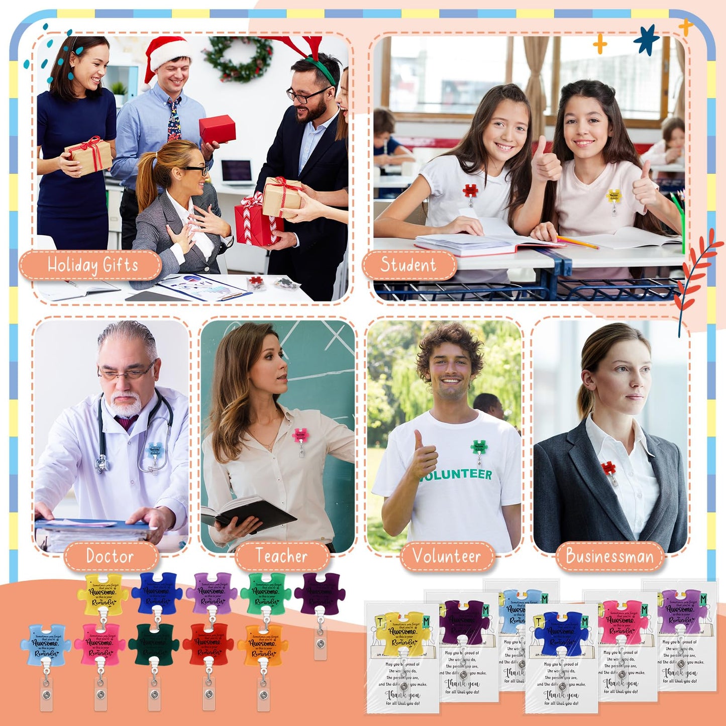 ReliThick 18 Set Employee Appreciation Gifts Bulk, Puzzle Badge Reel Set with Thank You Cards, Retractable ID Badge Holder for Nurse Teacher Staff Team Office Hospital School (Awesome Remider)