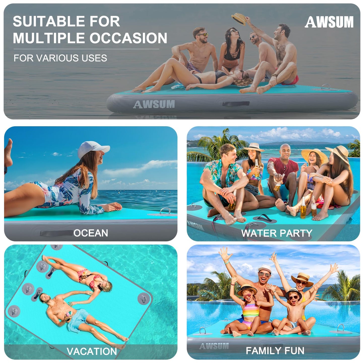 AWSUM Inflatable Floating Dock Air Dock Platform, 6ft x 5ft Floating Island Raft with Non-Slip Surface for Lake Pool Beach Ocean