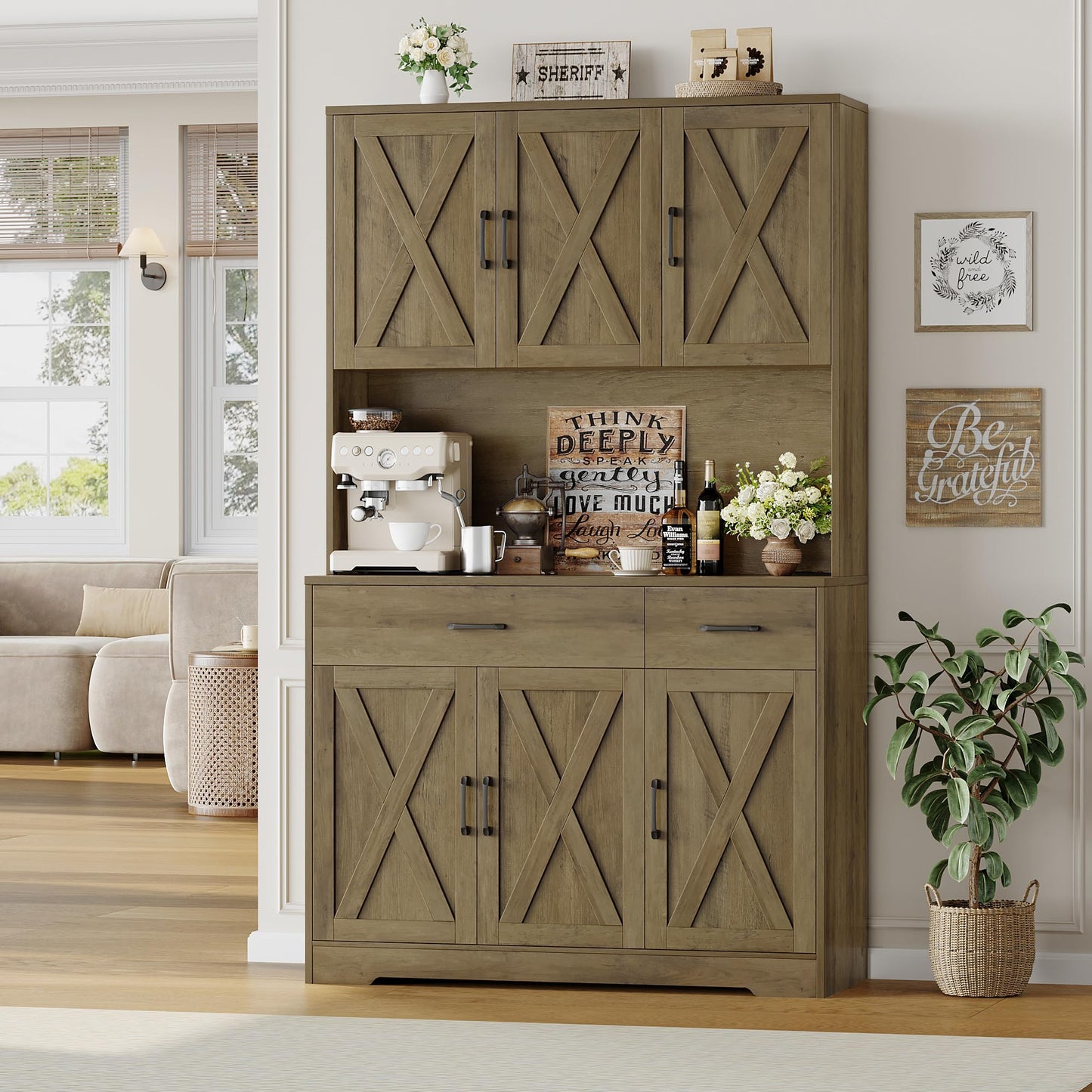 HOSTACK 71" Pantry Cabinet with Charging Station, Tall Kitchen Pantry Storage Cabinet with Microwave Stand, Farmhouse Kitchen Hutch with Storage Drawers for Living Room, Dining Room, Rustic Brown