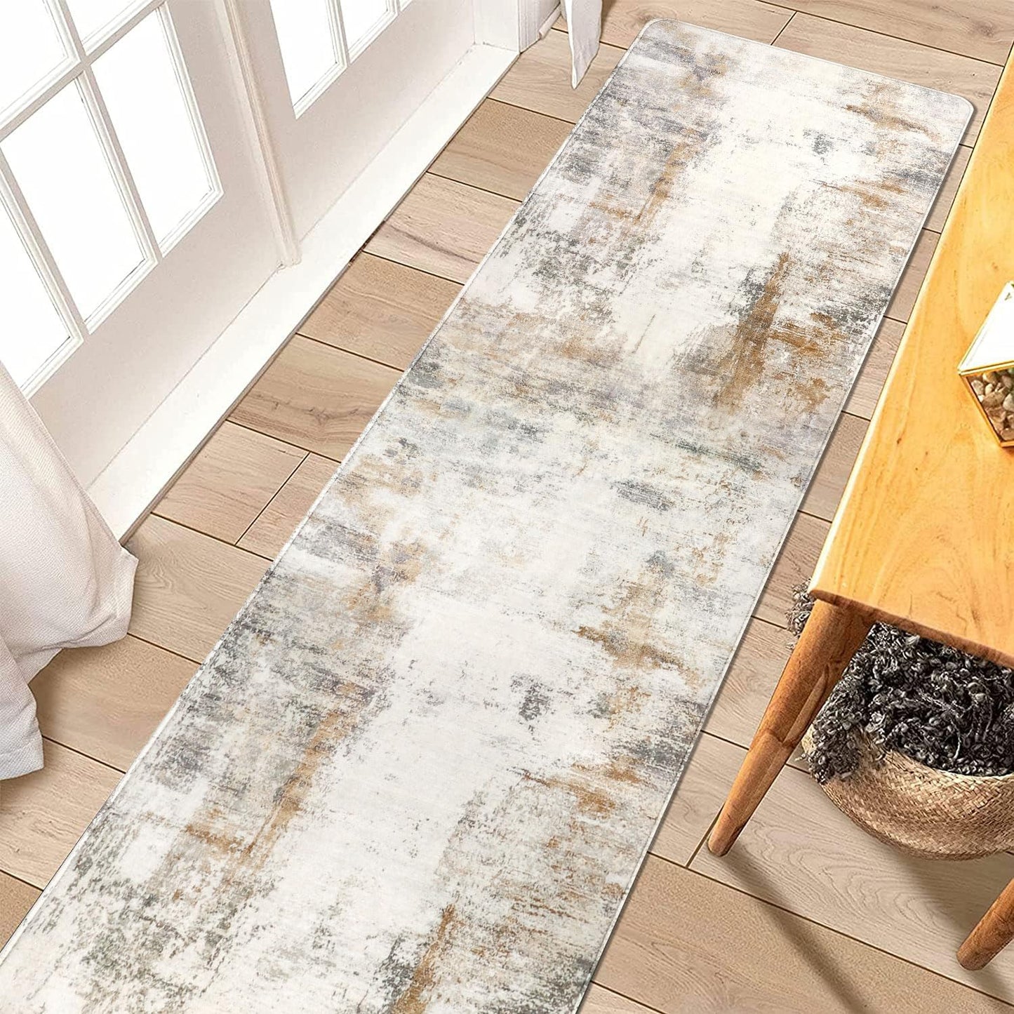 famibay Runners for Hallways Non Slip, Modern Abstract Washable Runner Rug, Soft Hallway Rug Pet Friendly Faux Wool Low Pile Carpet Floor Runner for Kitchen Bathroom Bedroom(Beige/Camel)