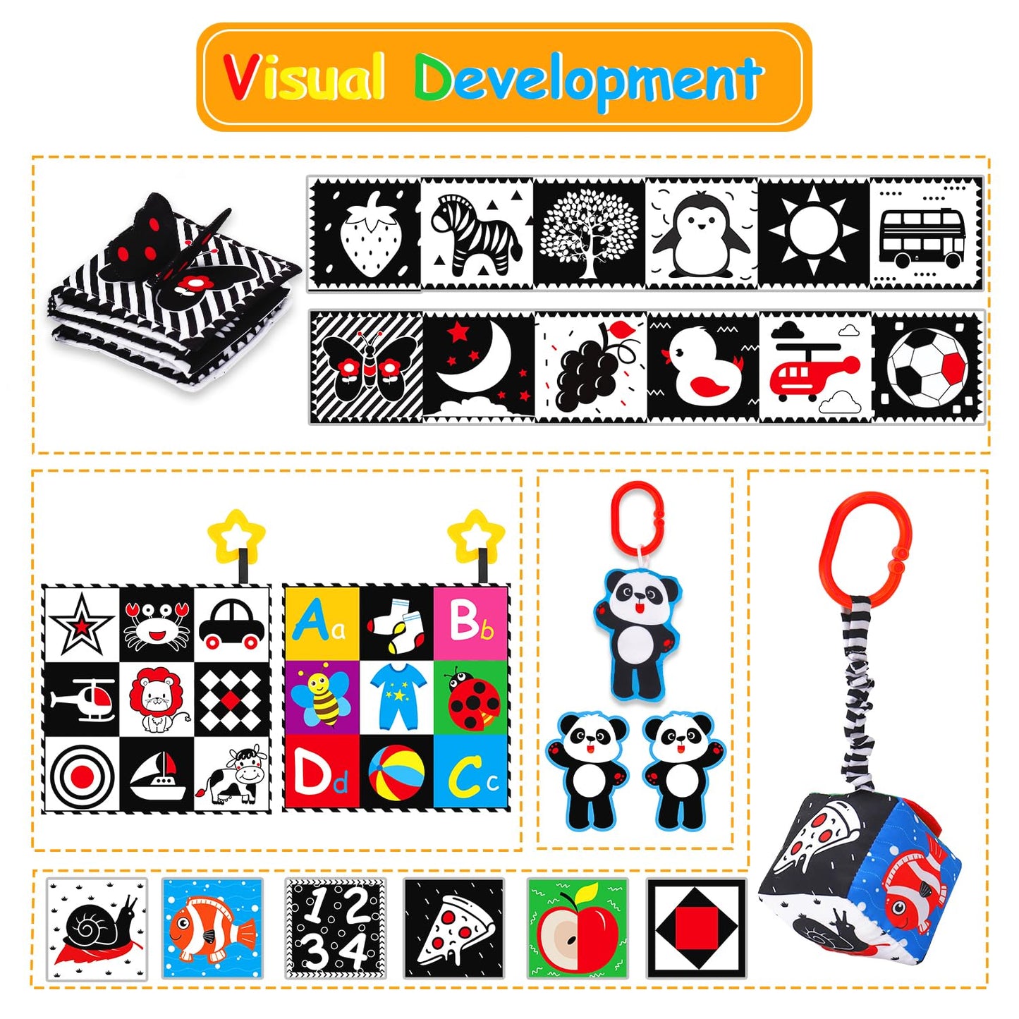 4 PCS Black and White High Contrast Baby Toys 0-3-6 Months Newborn Essential Toy for Babies Crinkle Sensory Book Brain Development Tummy Time Mirror Infant Carseat Rattle Shower Easter Gifts Boy Girl
