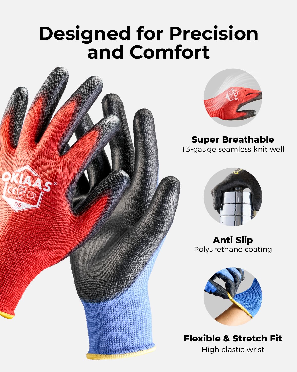 OKIAAS Work Gloves for Men,Ultra Thin and Lightweight Working Gloves with Grip, 12 Pairs Bulk Pack Construction Gloves with Polyurethane Coating, Safety Gloves for Light Duty Work (Blue, X-Large)