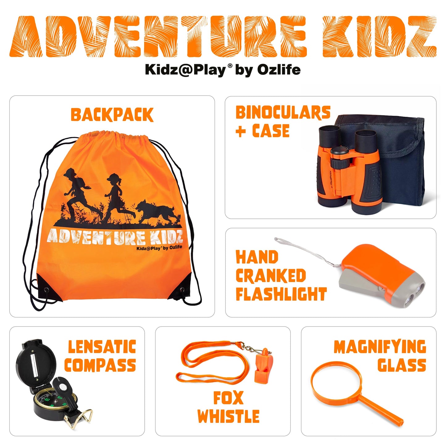 Adventure Kidz - Outdoor Exploration Kit, Childrenās Toy Binoculars, Flashlight, Compass, Whistle, Magnifying Glass, Backpack. Great Kids Gift Set for Camping, Hiking, Educational and Pretend Play.