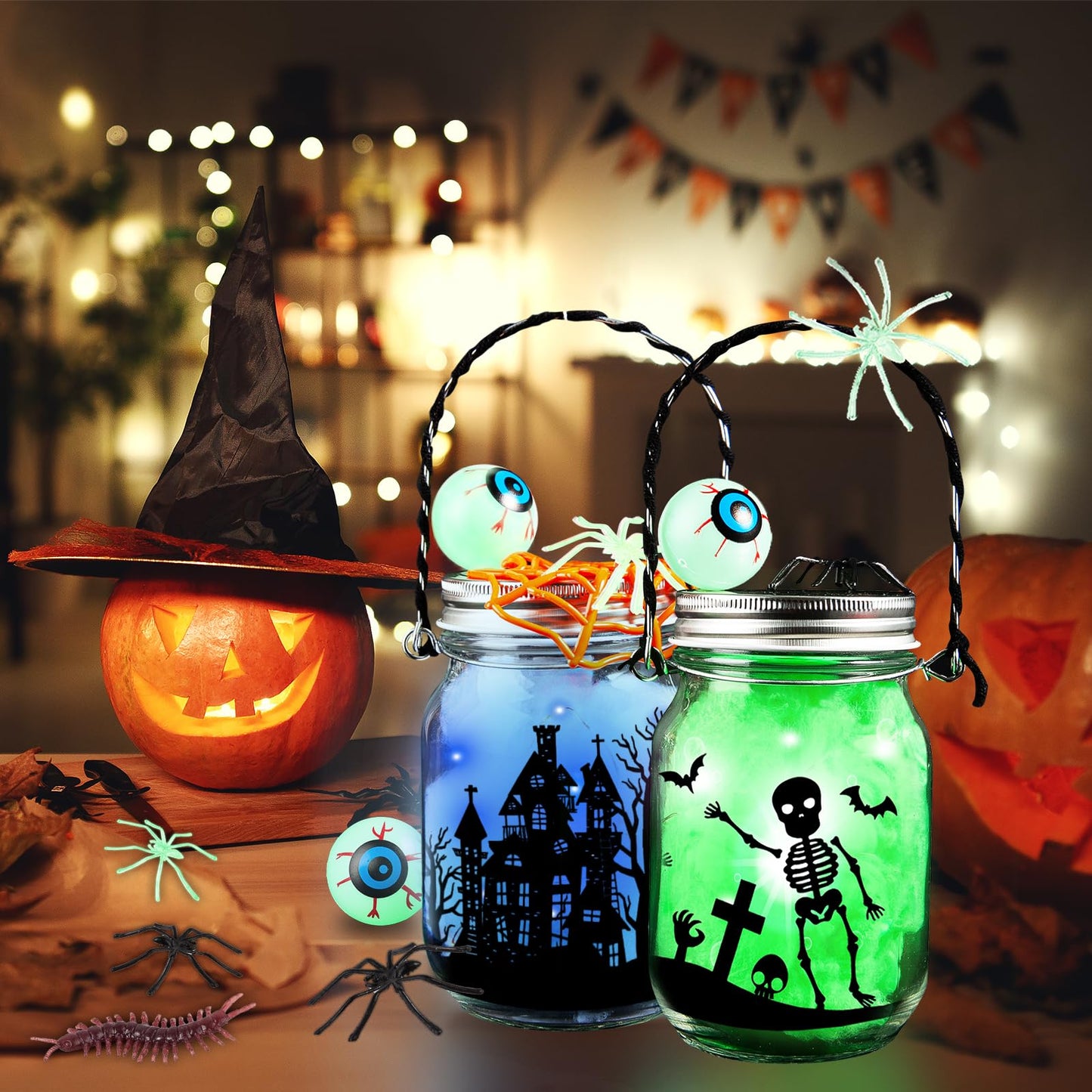 Halloween Craft Kit for Kids, 4 pcs Glass Mason Jar with Accessories for DIY Lantern Jar, Halloween Art & Craft Party Supplies for Classroom,Art and Craft Party Supplies for Kids