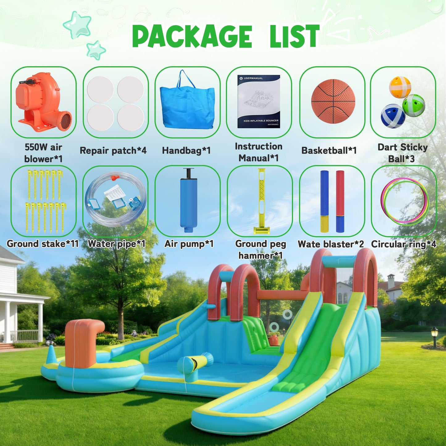 HOMMOW Inflatable Water Slide,10 in 1 Double Water Slide Bounce House for Kids 3-12 with Blower, Splash Pool, Water Cannon, Climbing Wall, Basketball Hoop for Kids Indoor Outdoor Backyard
