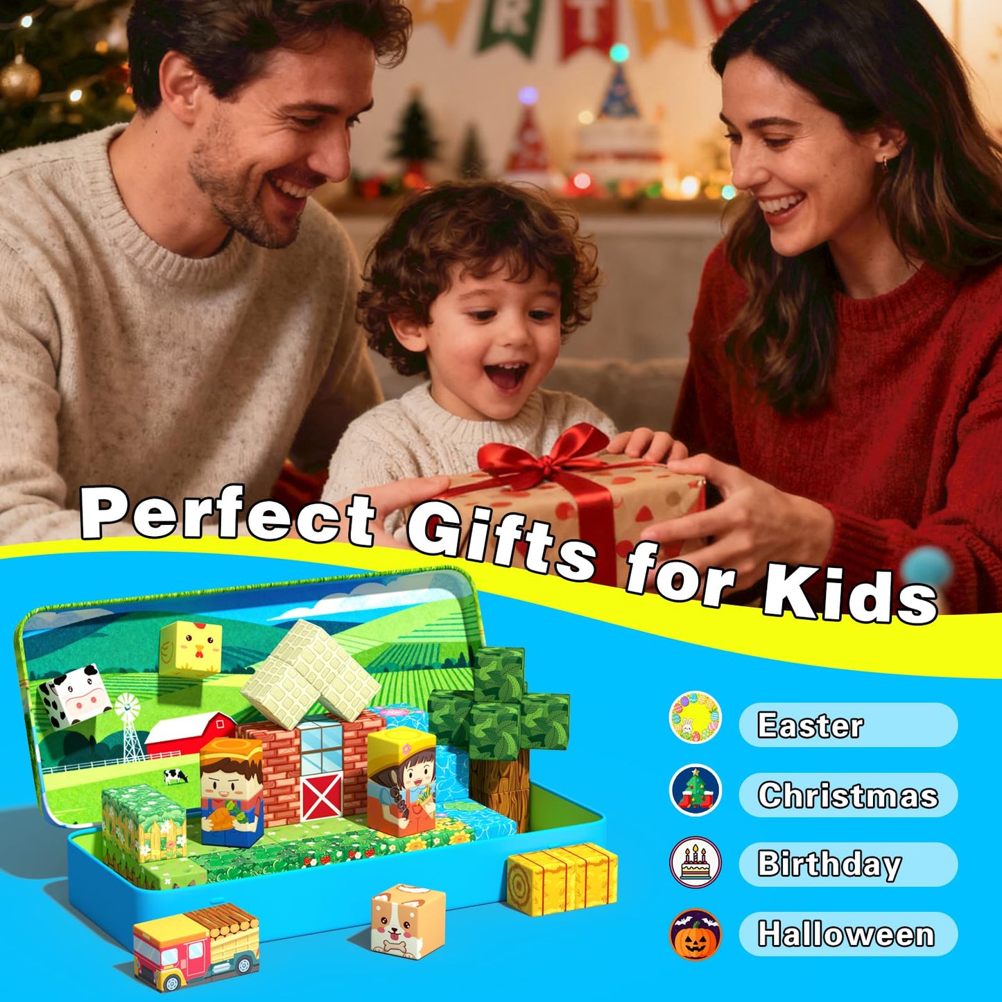 Mini Magnetic Blocks, Magnet Building Cubes, Farm Animal Travel Outdoors Toys with Portable Iron Box, STEM Montessori Sensory Educational Toys for Toddlers, Gift for Kids Ages 3-8 Boys & Girls