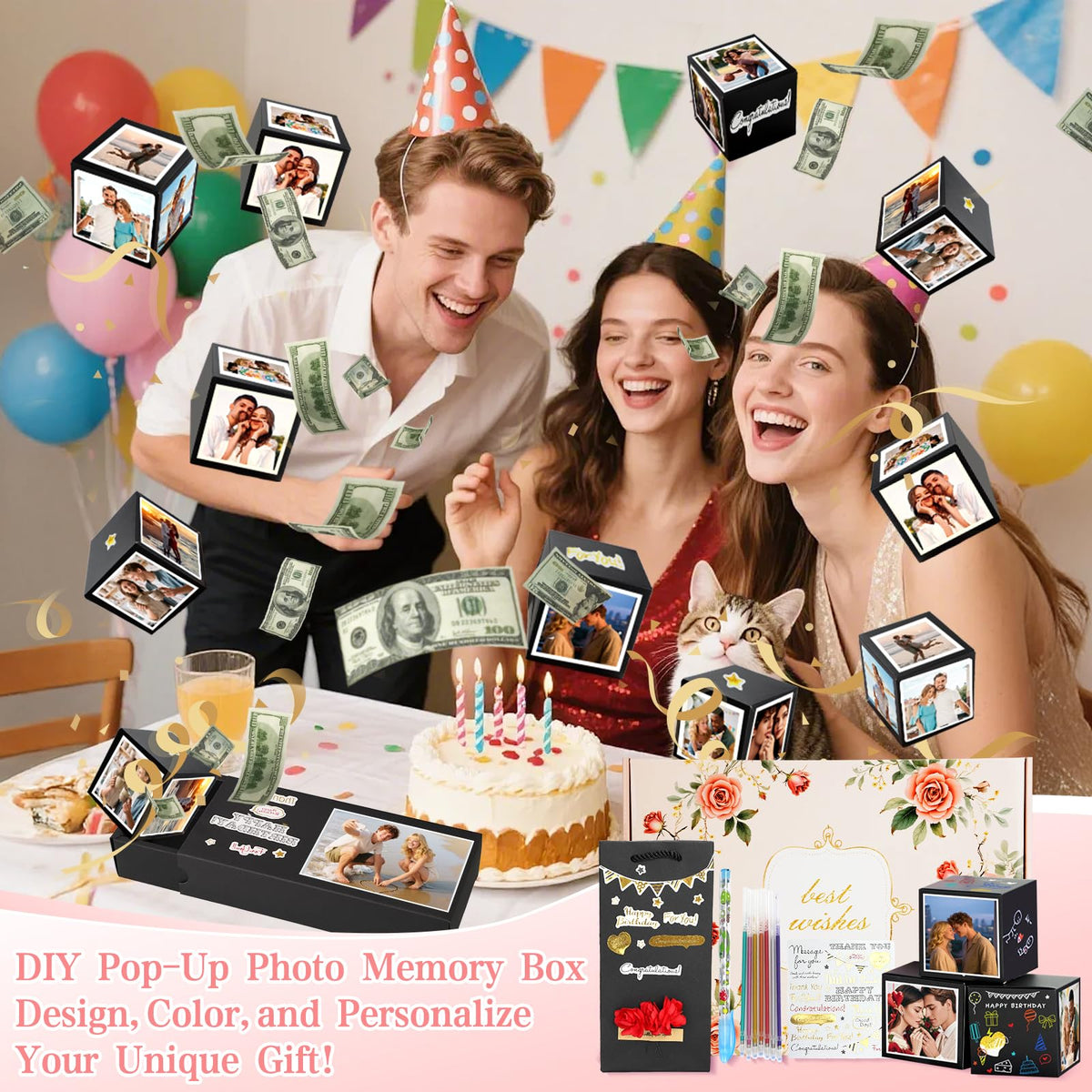 Birthday Mothers Day Gifts for Mom, 21PCS DIY Photo Pop Up Box Get Well Soon Gifts Baskets for Women, Spa Care Package After Surgery Feel Better Inspirational Birthday Gift for Women Wife Grandma
