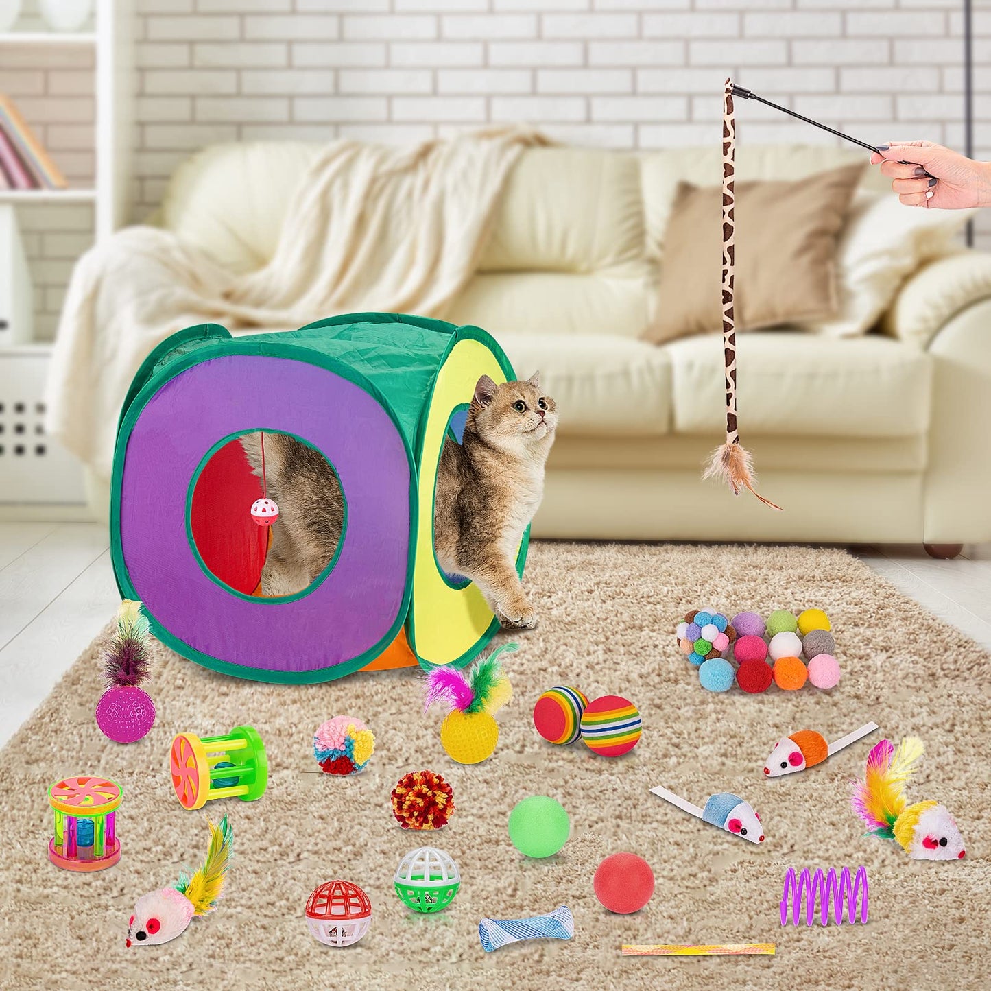 Retro Shaw Cat Toys Pack 33Pcs, Interactive Kitten Toys for Indoor Kittens Cats, Collapsible Kitty Play Tunnel Tent Feather Wand Balls Bell Springs Mouse Kitty Toys for All Breeds 15.7 Inches