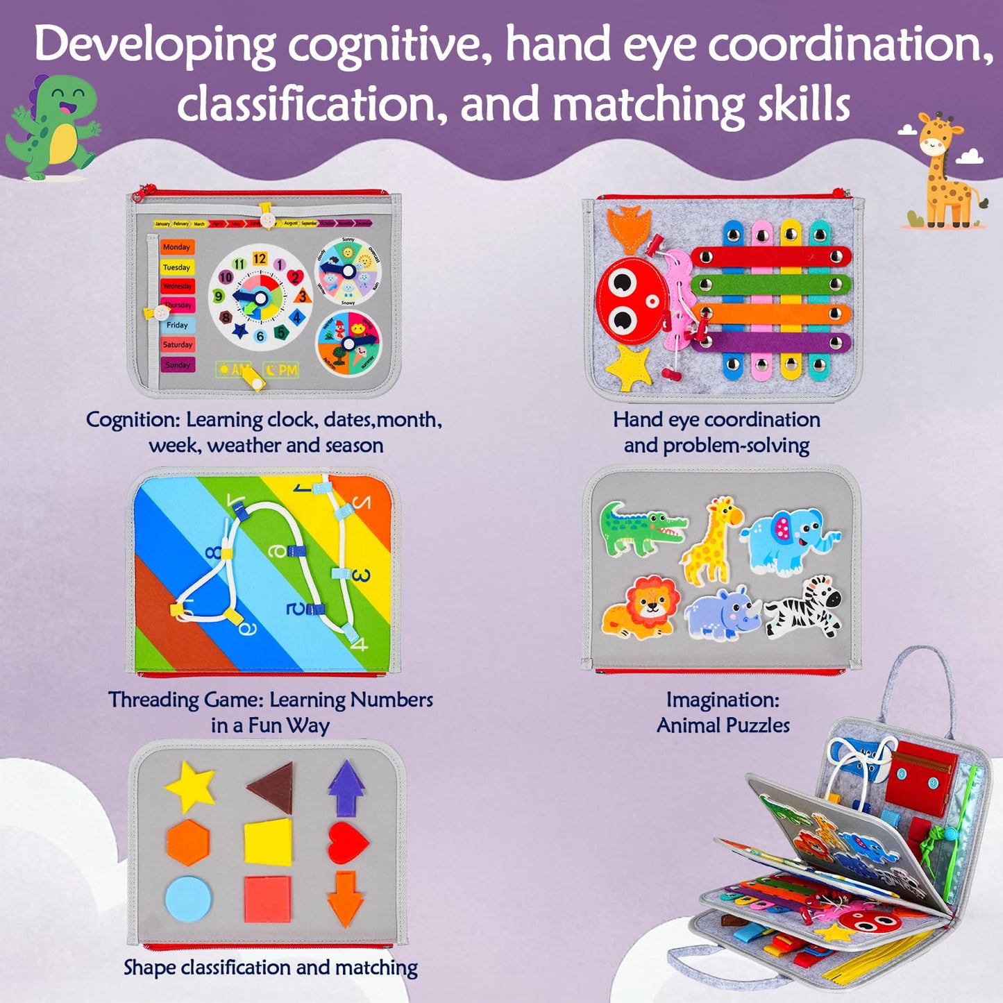 GiggleCraft Montessori Busy Board for Toddlers – Sensory Busy Book with Buckles, Zippers, Letters, Animals, Toddler Activities – Fine Motor Skills Development Learning for Boys Girls Travel Activity