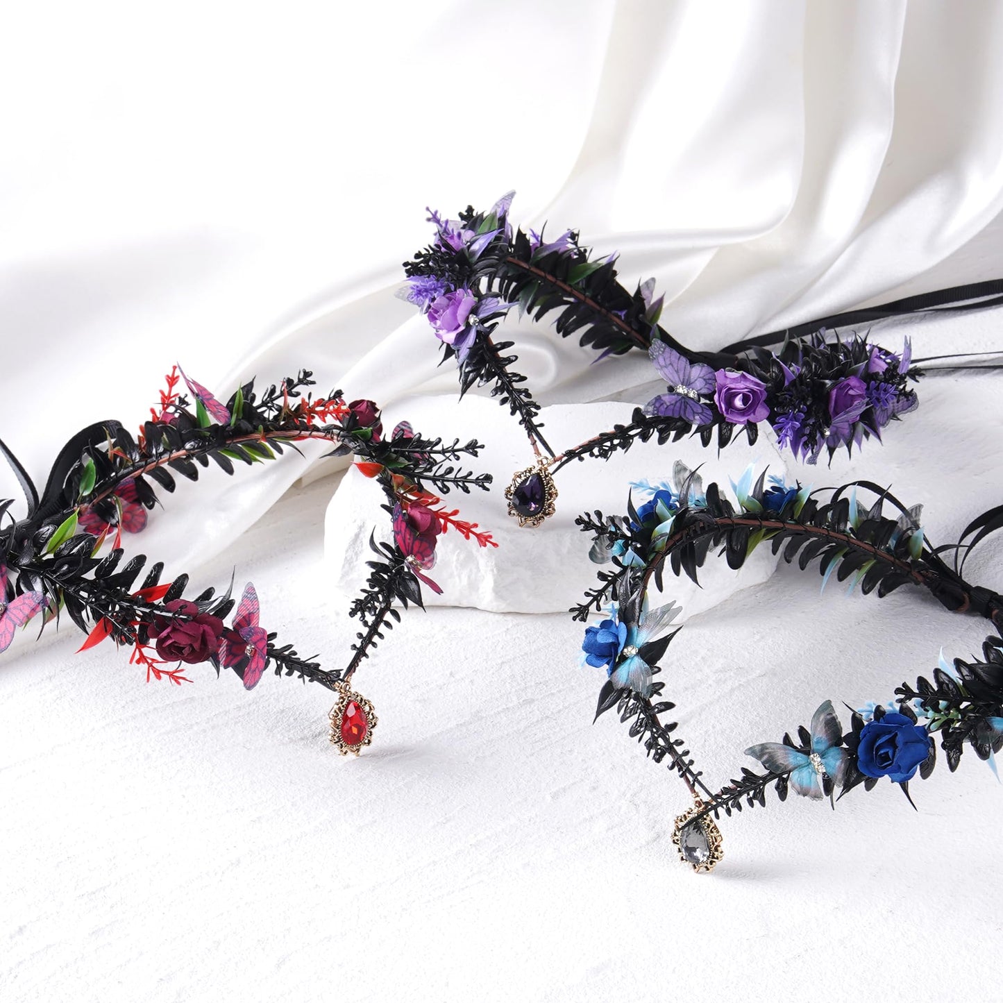 MOSTORY Gothic Butterfly Elf Crown - Dark Purple Flower Crown for Witch Accessories Women, Black Fairy Wings Circlet for Renaissance Renfaire Fantasy Cosplay Witchcore Halloween