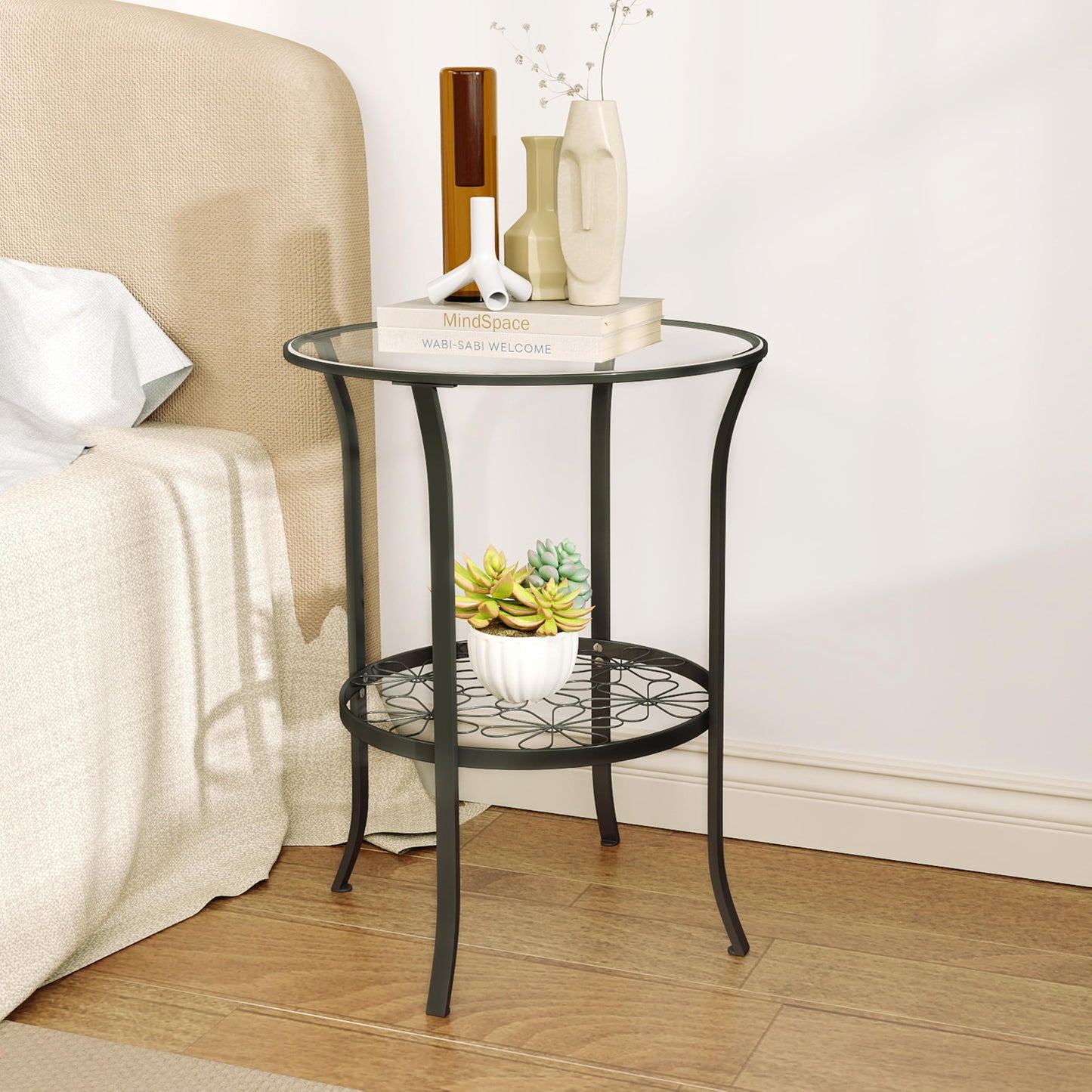 DDK 2-Tier Round Side Table with Tempered Glass Top & Decorative Floral Metal Shelf, Outdoor End Table for Patio Balcony, Indoor Accent Table for Living Room Bedroom