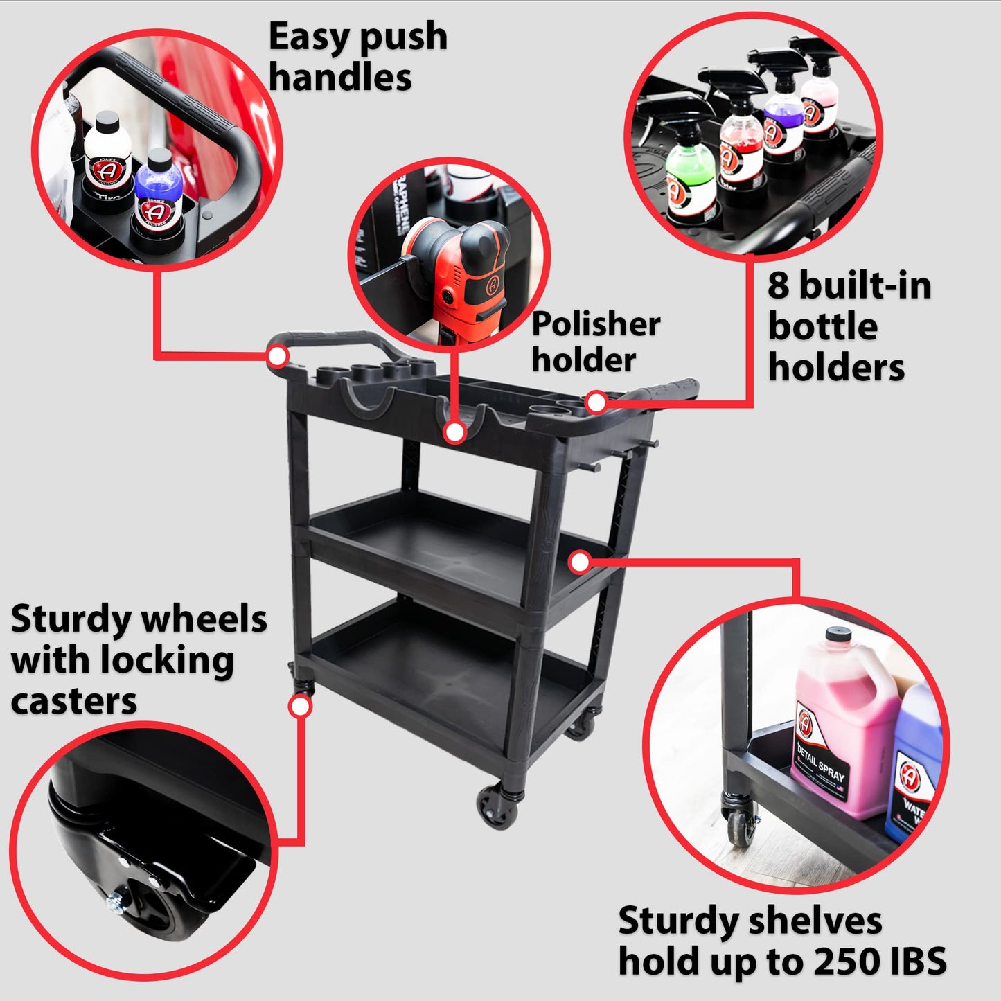Adam's Polishes Premium Detail Cart - Car Detailing Cart 3-Tiered Shelves 250 Pound Per Shelf Capacity - Heavy Duty Casters Rolling Cart, Features Bottle Holders, Cutouts, & Pegs for Organization