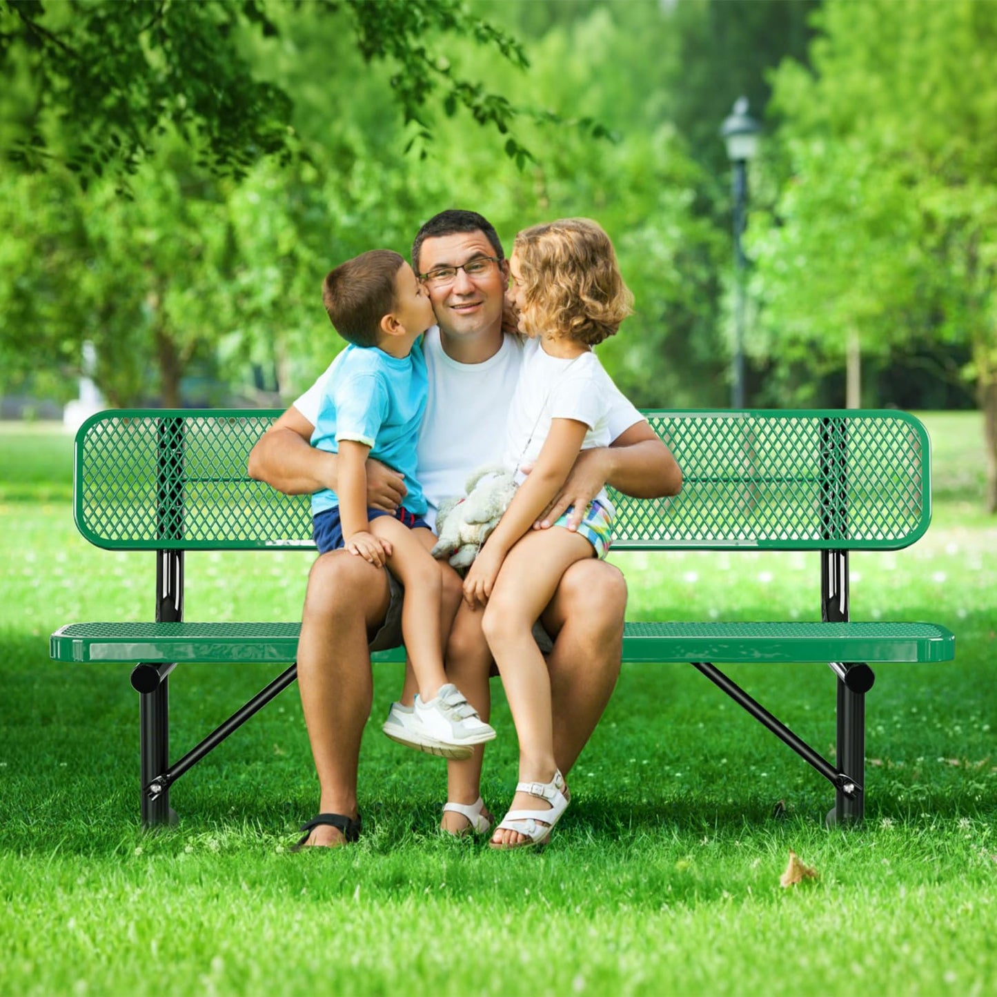 Gaonala 6Ft Heavy Duty Park Bench with Back Portable Frame, Outdoor Steel Bench with Backrest, Expanded Metal Mesh Bench for Lawn, Park, Deck, Garden, Patio, Porch, Green